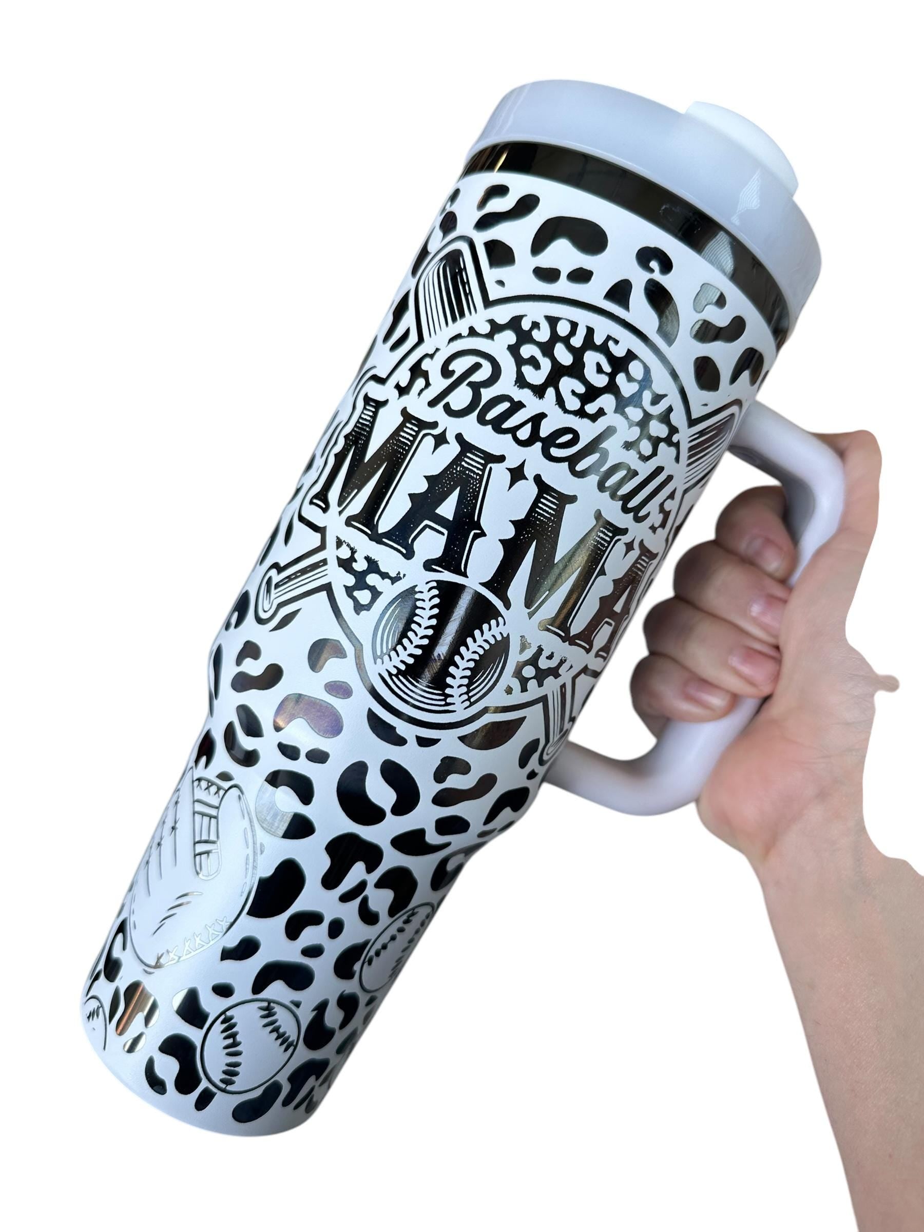 Baseball Mama engraved Tumbler - Leopard Baseball Cup - Cute Baseball Stand Accessory - 40oz tumbler with handle - Baseball Life