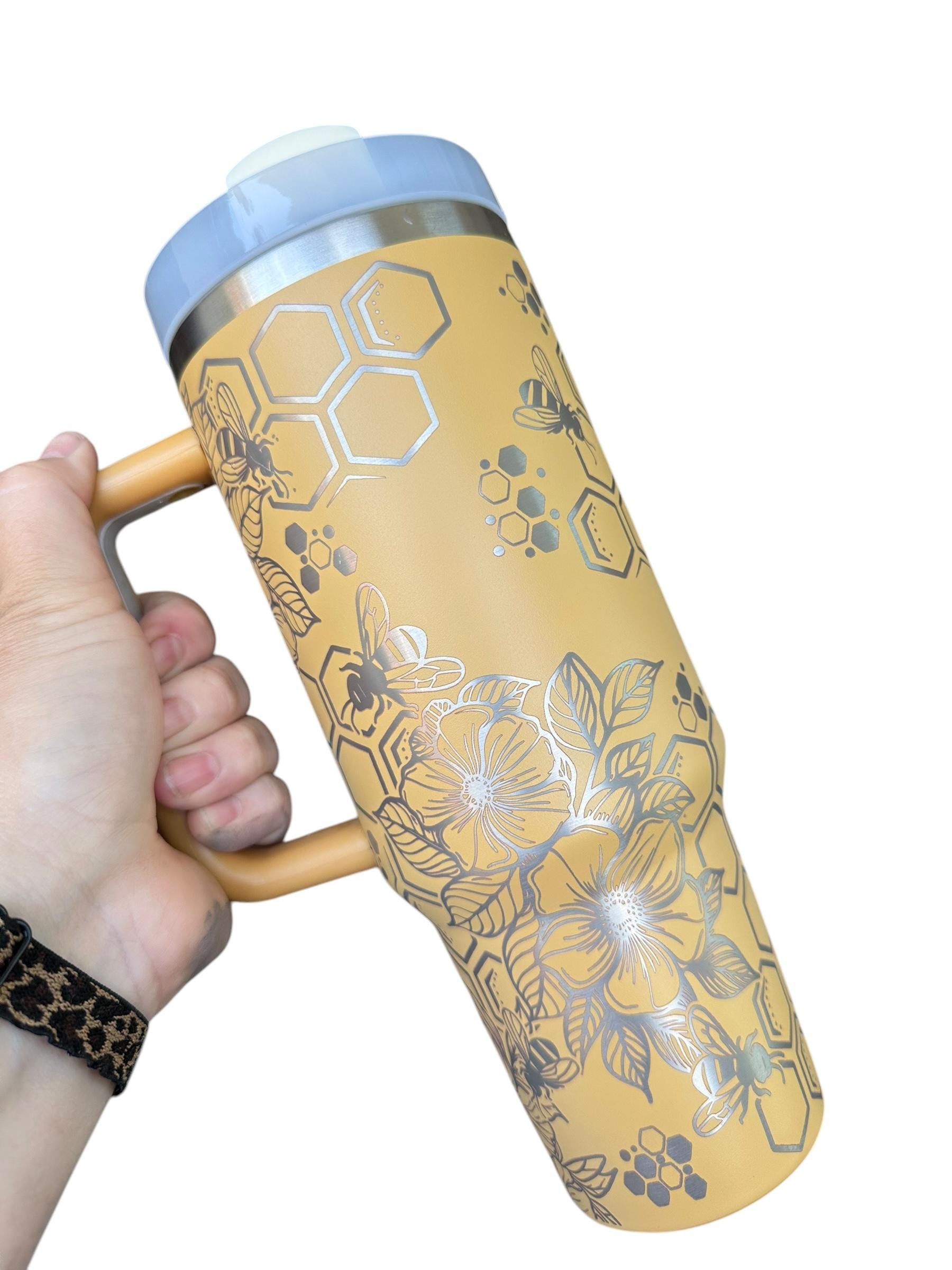 Floral Honey Bee Engraved Tumbler  - engraved Country Tumbler - 40oz tumbler with handle Custom Tumbler - Yellow Floral Tumbler