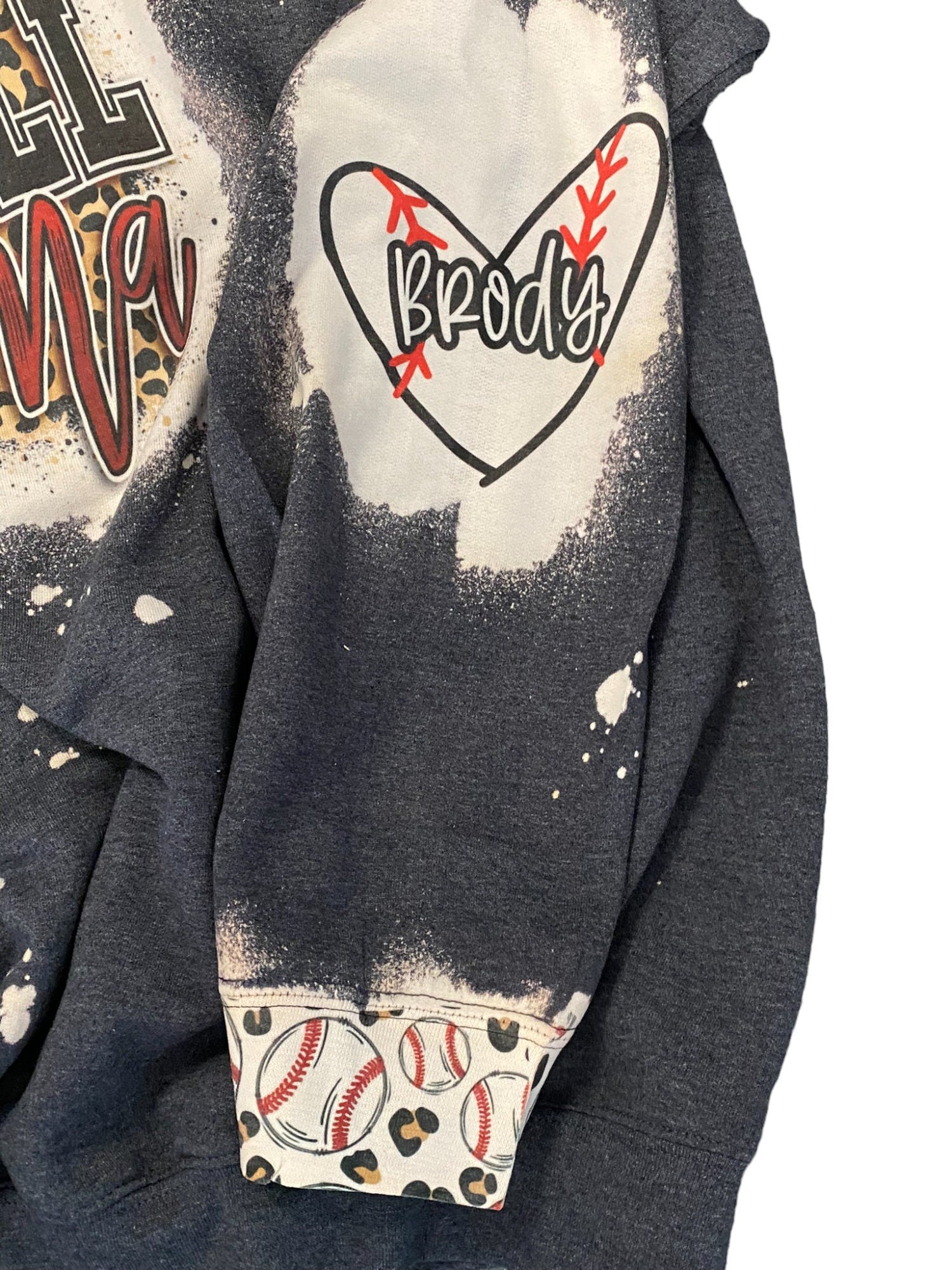Baseball Mama Bleached Crewneck -  Custom Heart with Names on Sleeve - Bleached Hoodie - Custom Bleached Crewneck - Baseball Sweatshirt