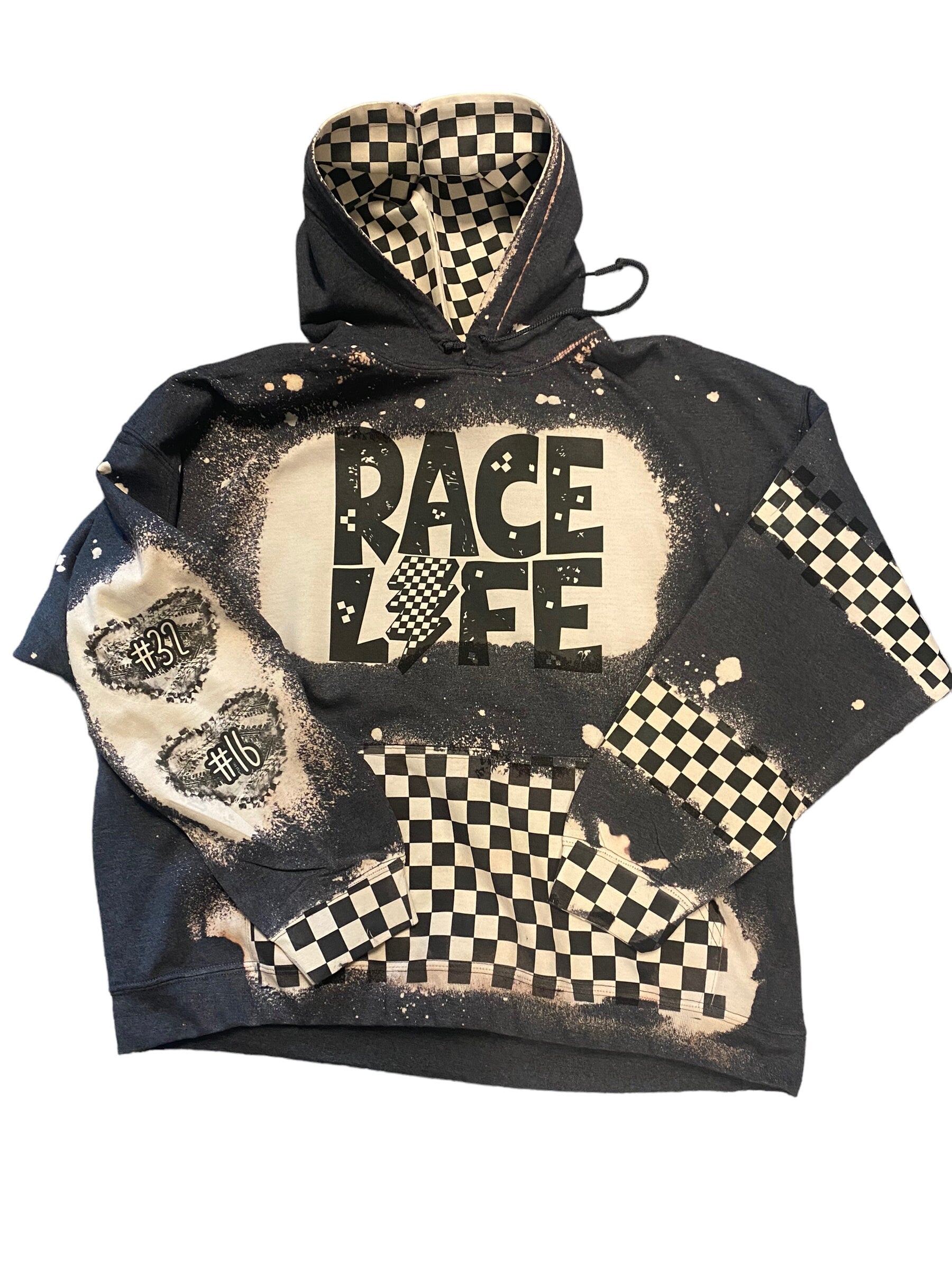 Race Life Bleached Hoodie - Racing hoodie Personalized number name - Car Truck Checkered Flag Dirt Track Motocross - Dirt Bike