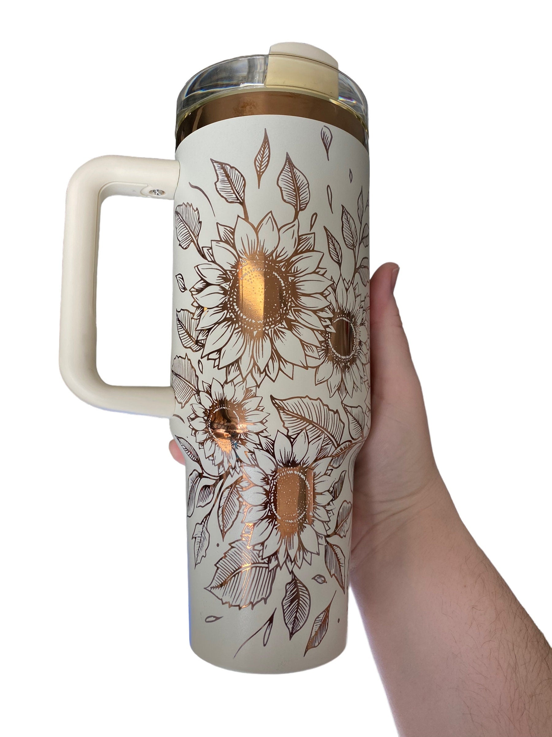 Sunflowers Engraved Tumbler  - engraved Country Tumbler - 40oz tumbler with handle - Custom Tumbler - Copper and Cream Floral Tumbler