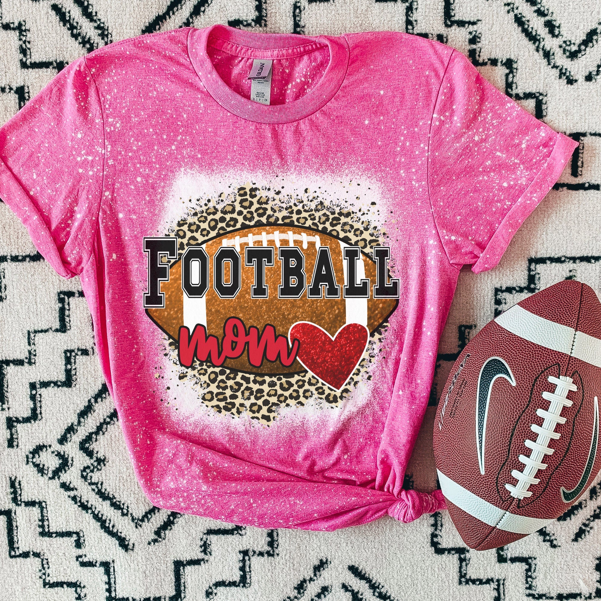Football Mom Heart Shirt - Cheetah Helmet Football Shirt- Bleached Sports Shirt - Leopard Football Shirt - Football Shirt - Bleached Tee