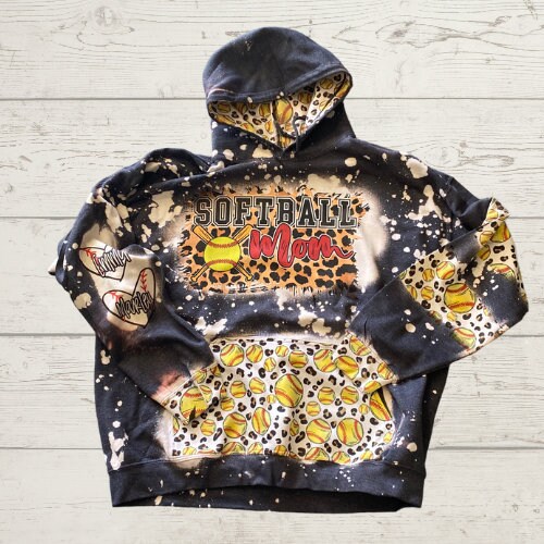Softball Mom Bleached Hoodie -  Custom baseball Heart with Names on Sleeve - Bleached Hoodie - Custom Hoodie - Softball Shirt Sweatshirt