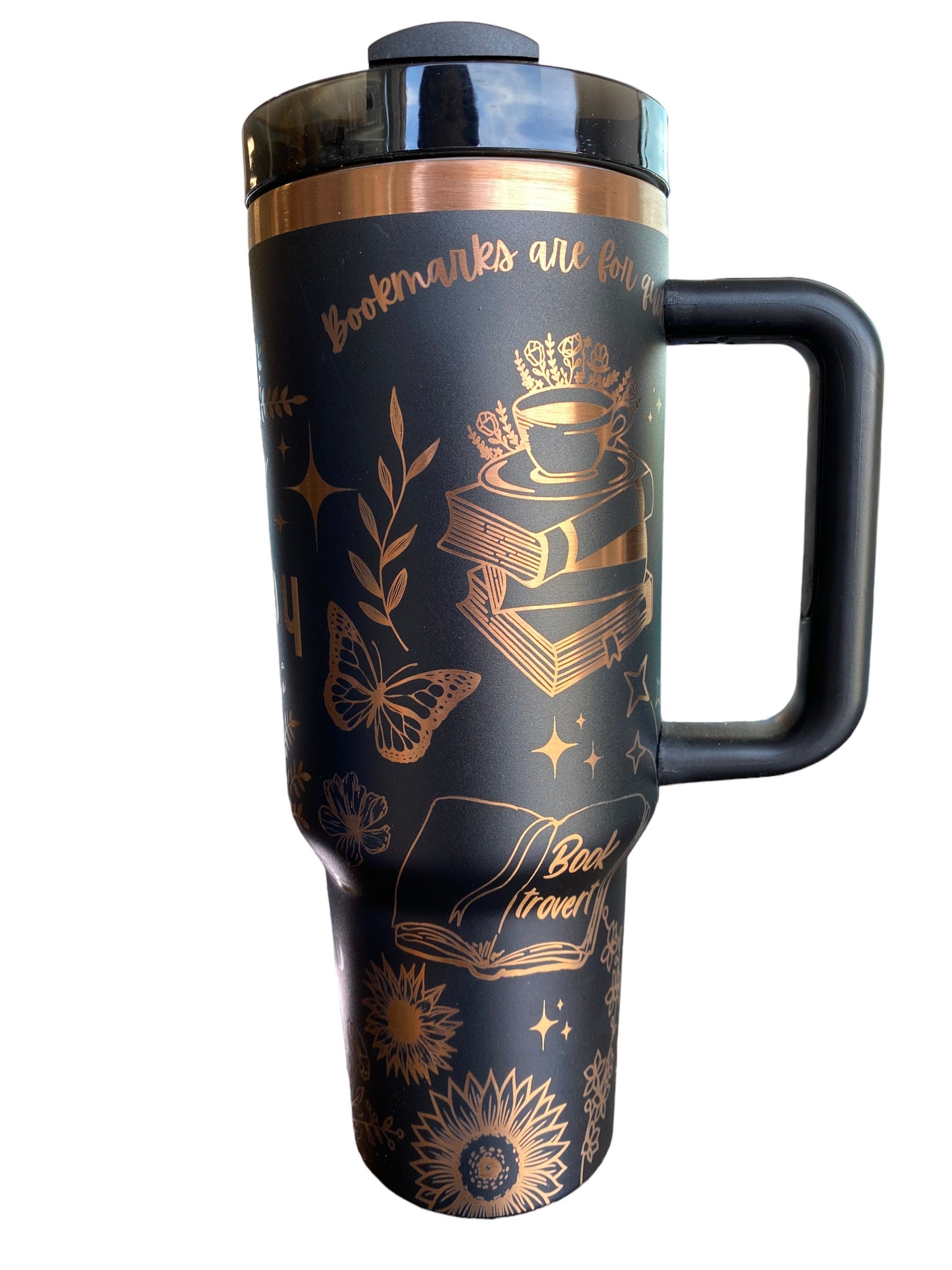 Reading is My Therapy Engraved Cup - Bookmarks are for Quiters Custom Engraved Cup  - 40oz tumbler with handle -  Reading Theme Tumbler