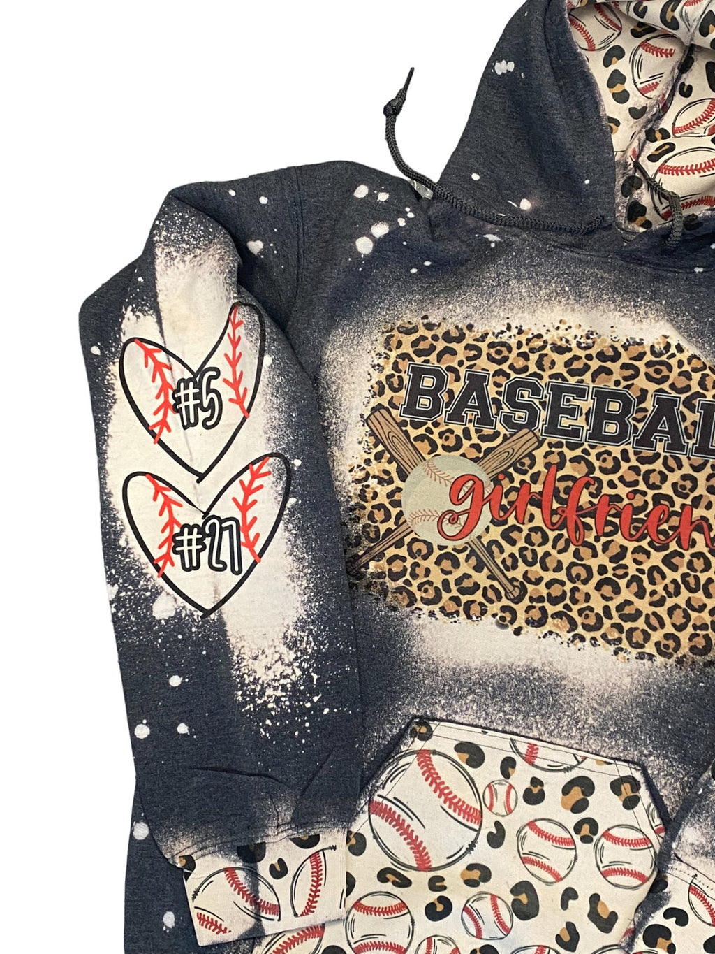 Baseball Girlfriend Bleached Hoodie - Custom baseball Heart with Names on Sleeve - Bleached Hoodie - Custom Hoodie - Baseball Sweatshirt