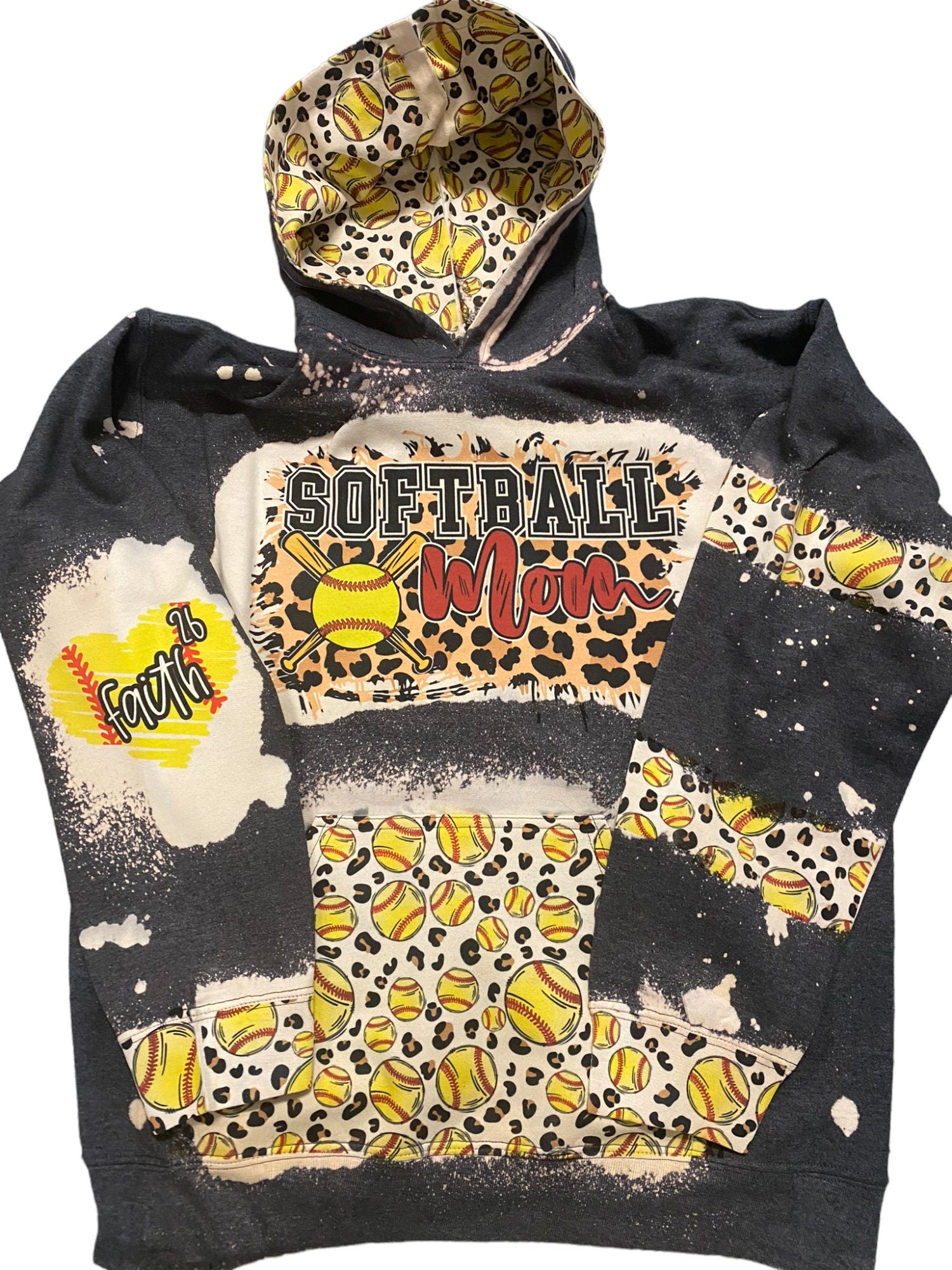 Softball Mom Bleached Hoodie -  Custom baseball Heart with Names on Sleeve - Bleached Hoodie - Custom Hoodie - Softball Shirt Sweatshirt
