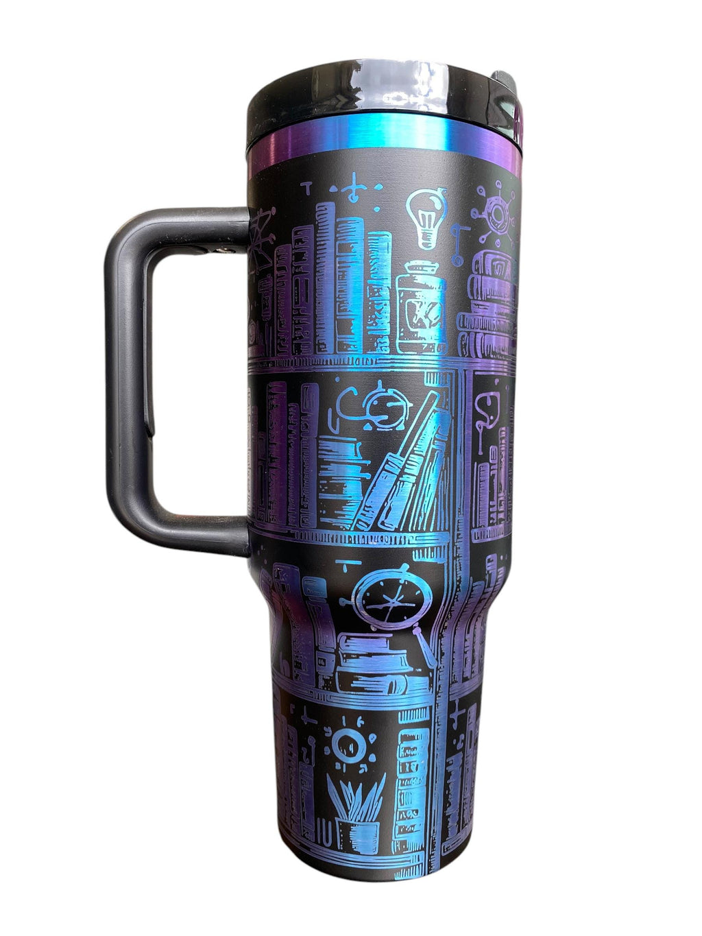 Dark Bookshelf Tumbler - Library tumbler - Books Engraved Cup - Book Community Custom Engraved Cup  - 40oz tumbler w/ handle - Reading Theme