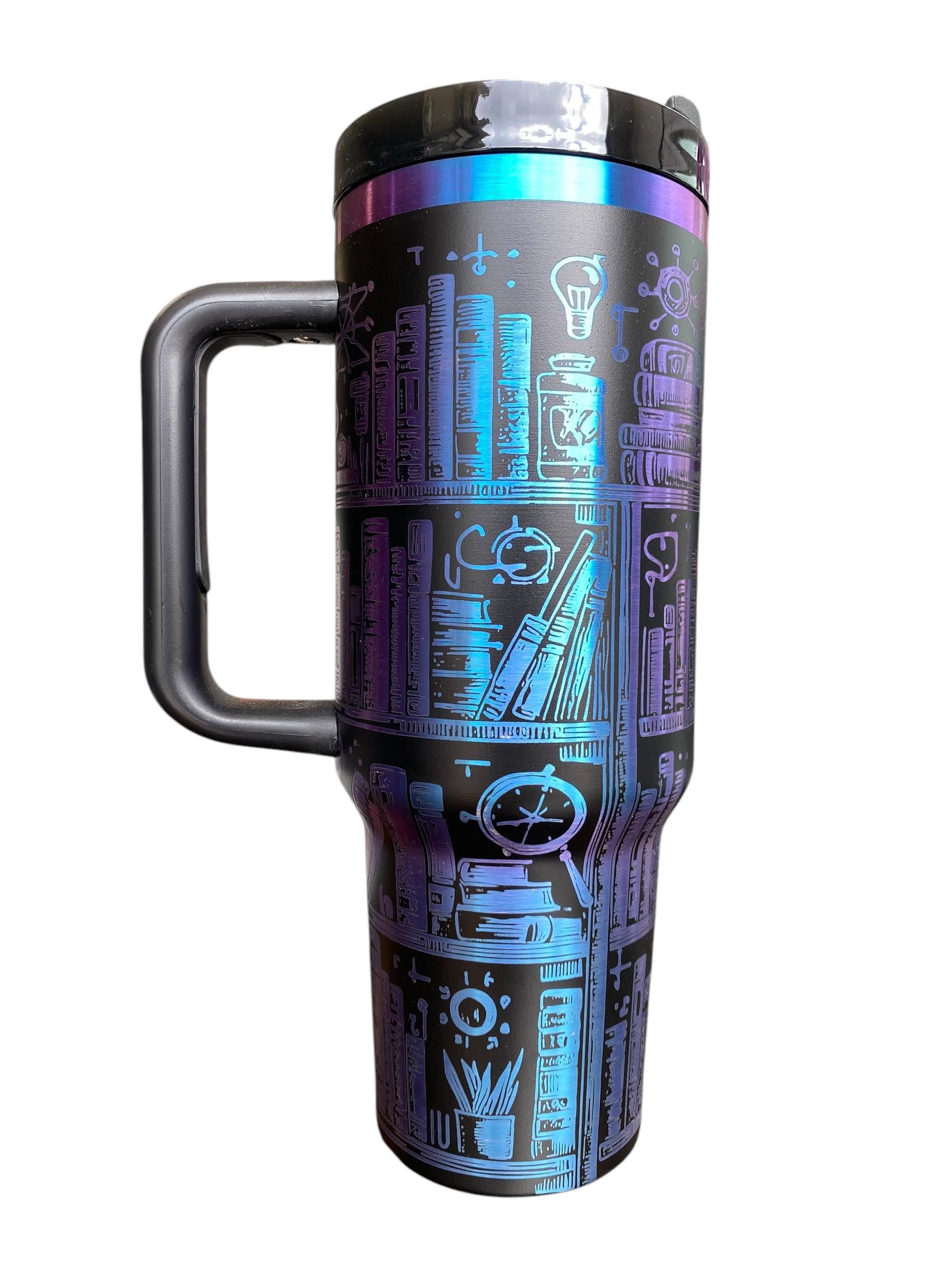 Dark Bookshelf Tumbler - Library tumbler - Books Engraved Cup - Book Community Custom Engraved Cup  - 40oz tumbler w/ handle - Reading Theme
