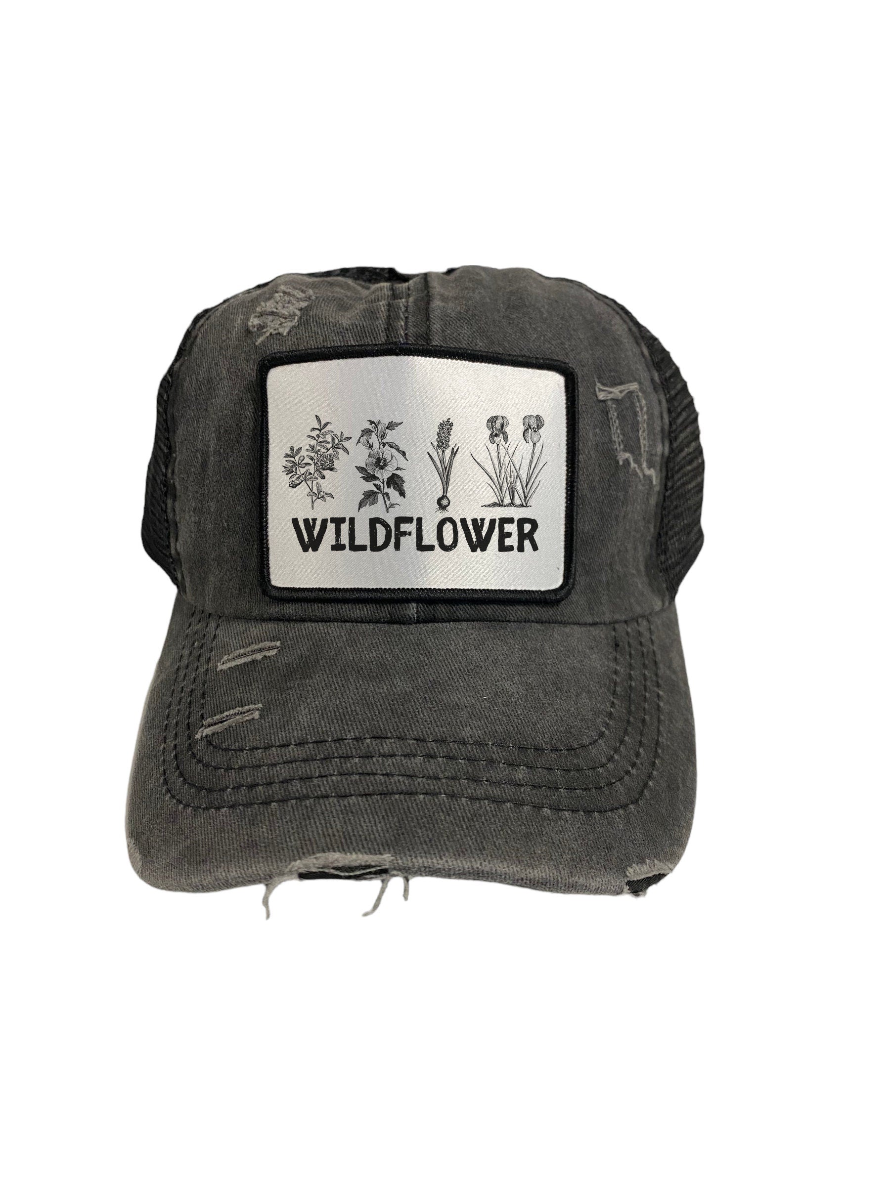 Wildflower Hat - Stay Wild Hat - Wild Flower Floral Baseball Cap - Gardener Gift - Plant Lover Gift - Plant Hat - Distressed Ponytail Cap