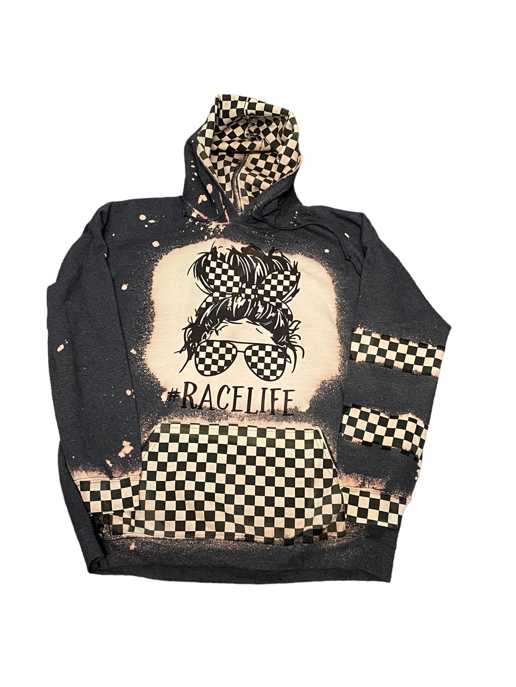 Messy Bun Race Life Bleached Hoodie - Racing hoodie - Car Truck Checkered Flag Dirt Track Motocross - Dirt Bike