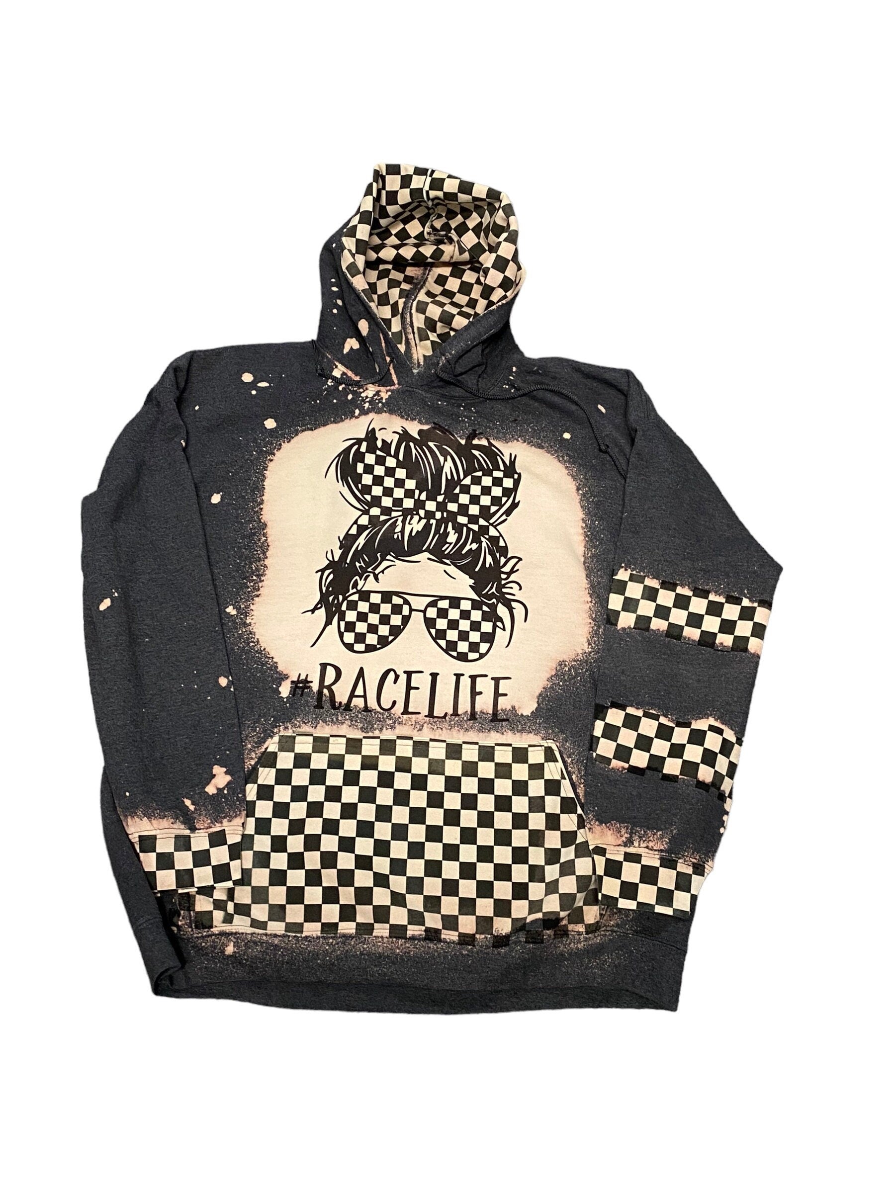 Messy Bun Race Life Bleached Hoodie - Racing hoodie - Car Truck Checkered Flag Dirt Track Motocross - Dirt Bike