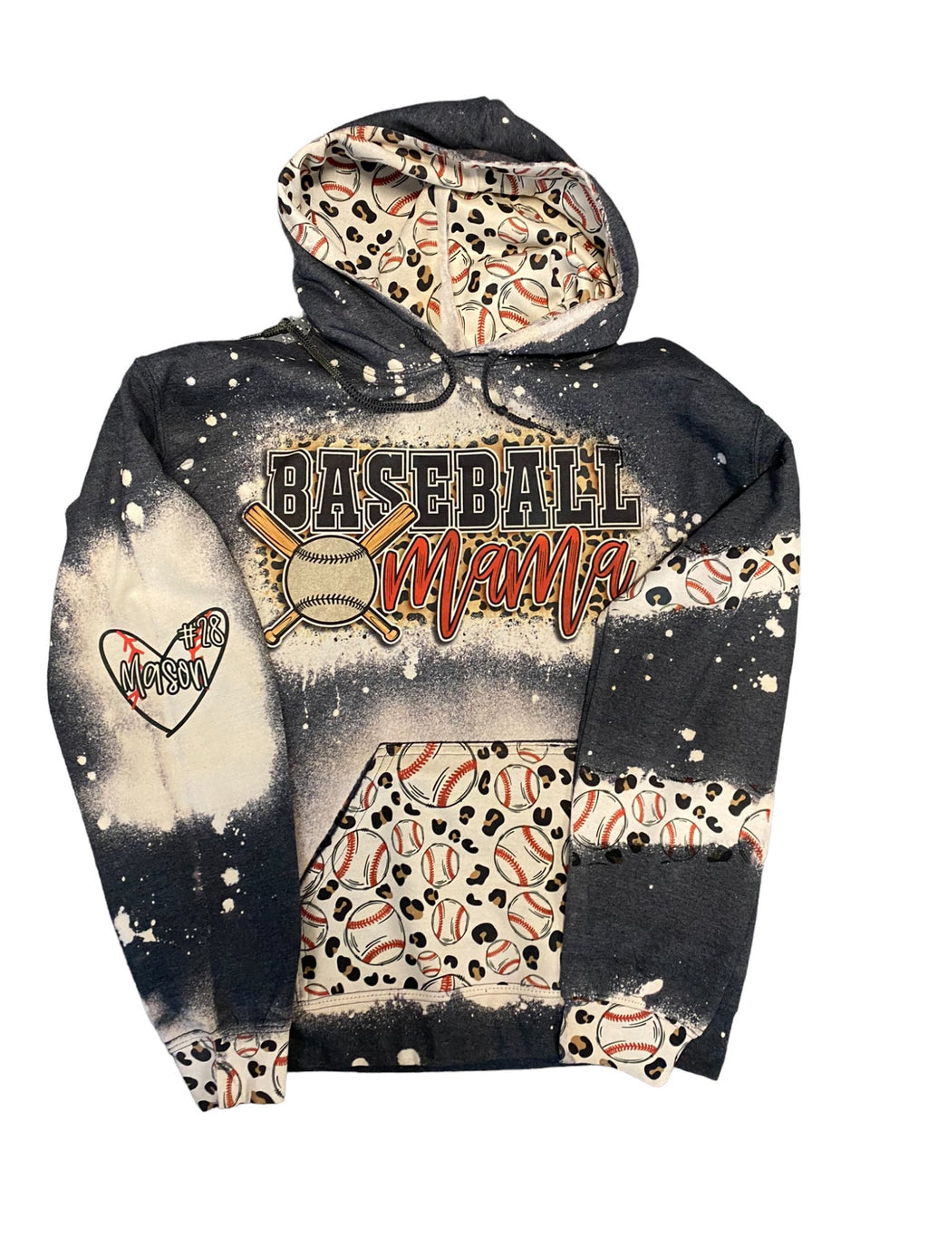 Baseball Mama Bleached Hoodie -  Custom baseball Heart with Names on Sleeve - Bleached Hoodie - Custom Hoodie - Baseball Shirt Sweatshirt