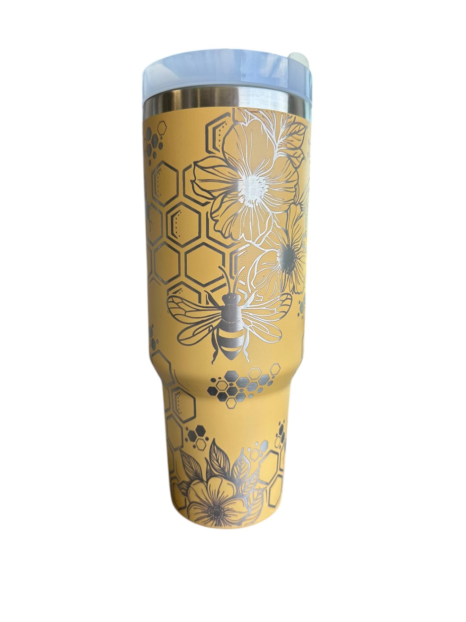 Floral Honey Bee Engraved Tumbler  - engraved Country Tumbler - 40oz tumbler with handle Custom Tumbler - Yellow Floral Tumbler