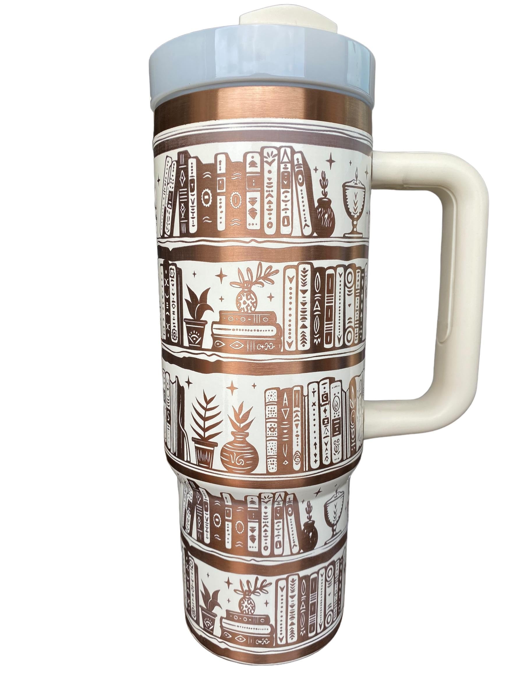 Bookshelf Tumbler - Just a Girl Who Loves Books Engraved Cup - Book Engraved Cup  - 40oz tumbler with handle - Reading Theme Tumbler