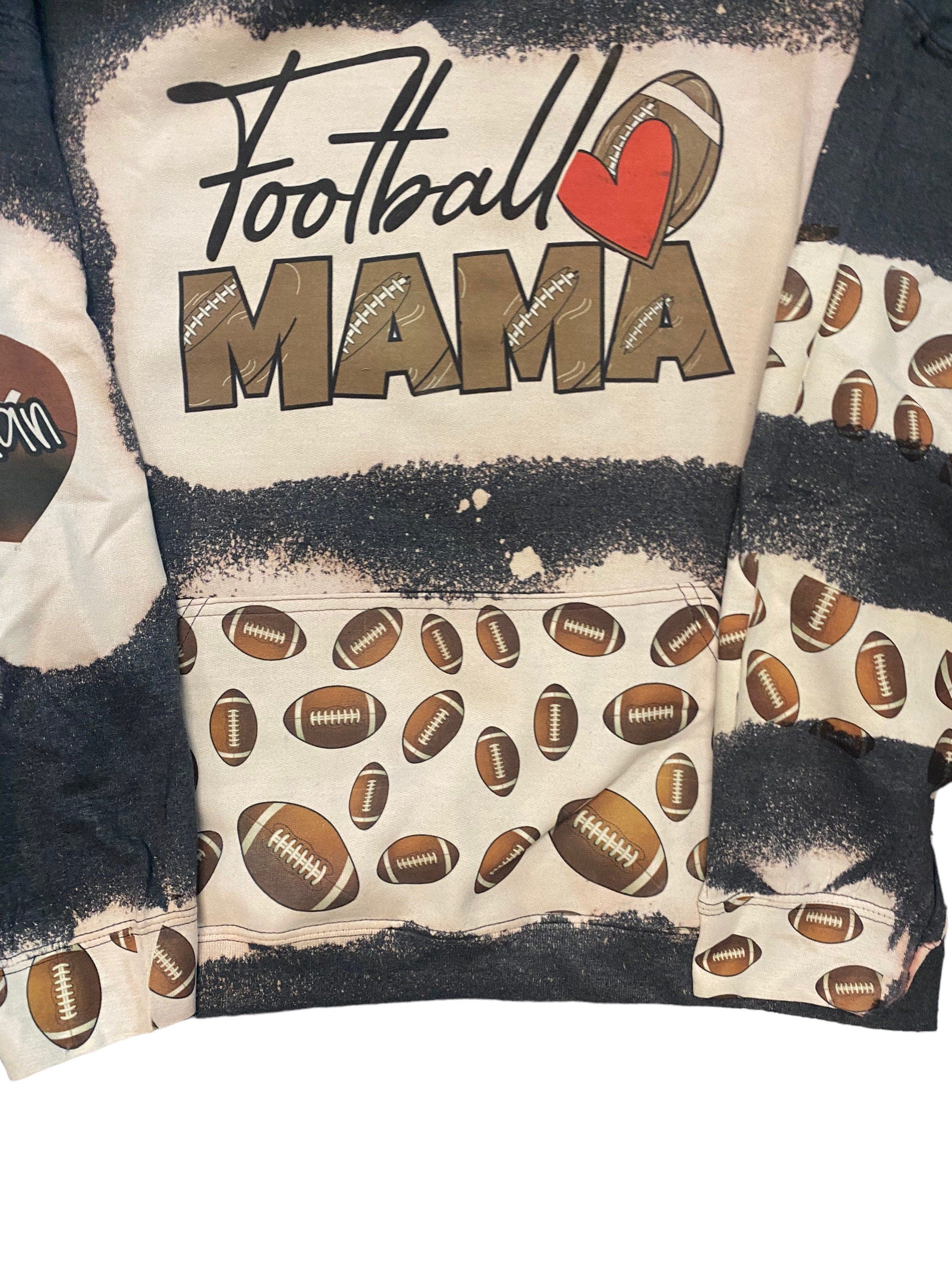 Football Mama Bleached Hoodie-no cheetah  -  Custom Football heart on my Sleeve hoodie - Bleached Hoodie - Custom Hoodie - Football Shirt