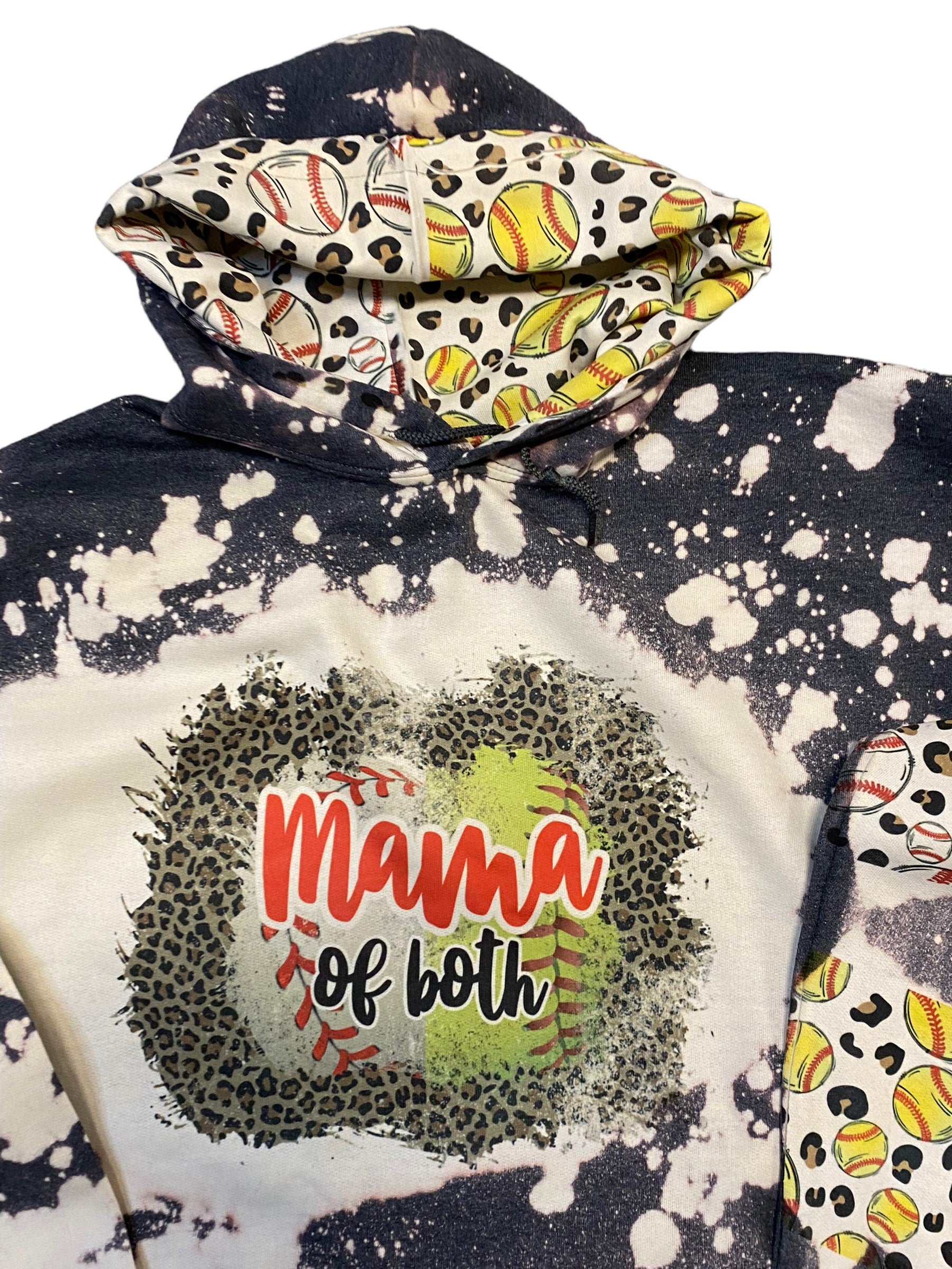 Mama of Both Softball & Baseball Bleached Hoodie -  Custom baseball Heart with Names on Sleeve - Bleached Hoodie - Custom Hoodie - Baseball