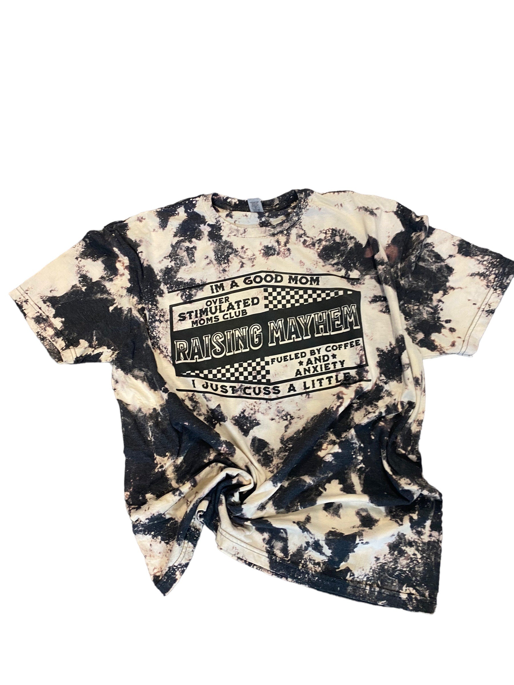 Raising Mayhem Shirt - Acid Wash Motherhood Shirt- Bleached Mom Shirt - Good Mom Cuss a Little Shirt - Fueled by Coffee and Anxiety Shirt