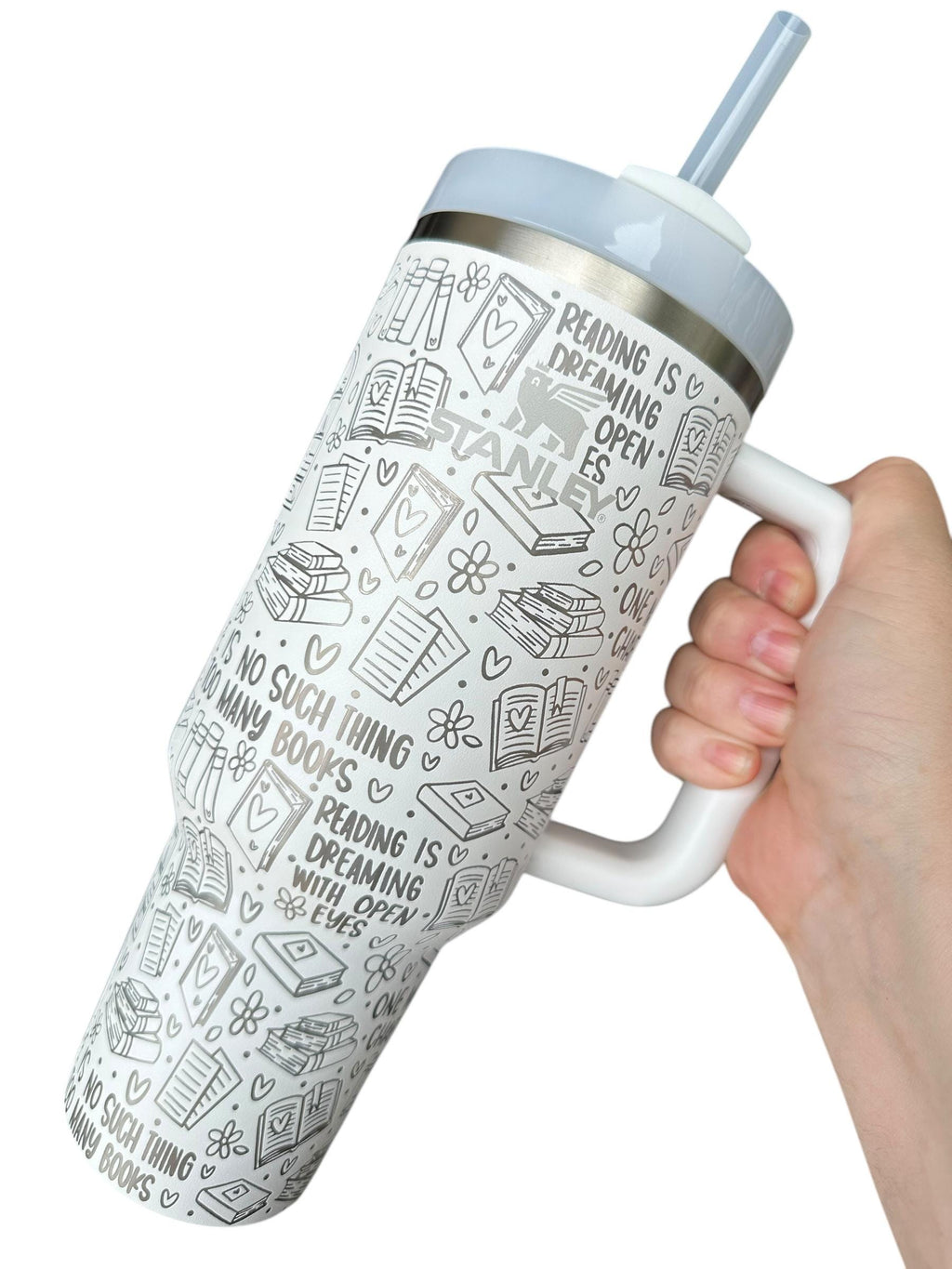 Reading is Dreaming With Your Eyes Open Engraved Cup - Book Community Custom Engraved Cup - 40oz tumbler with handle - Reading Theme Tumbler