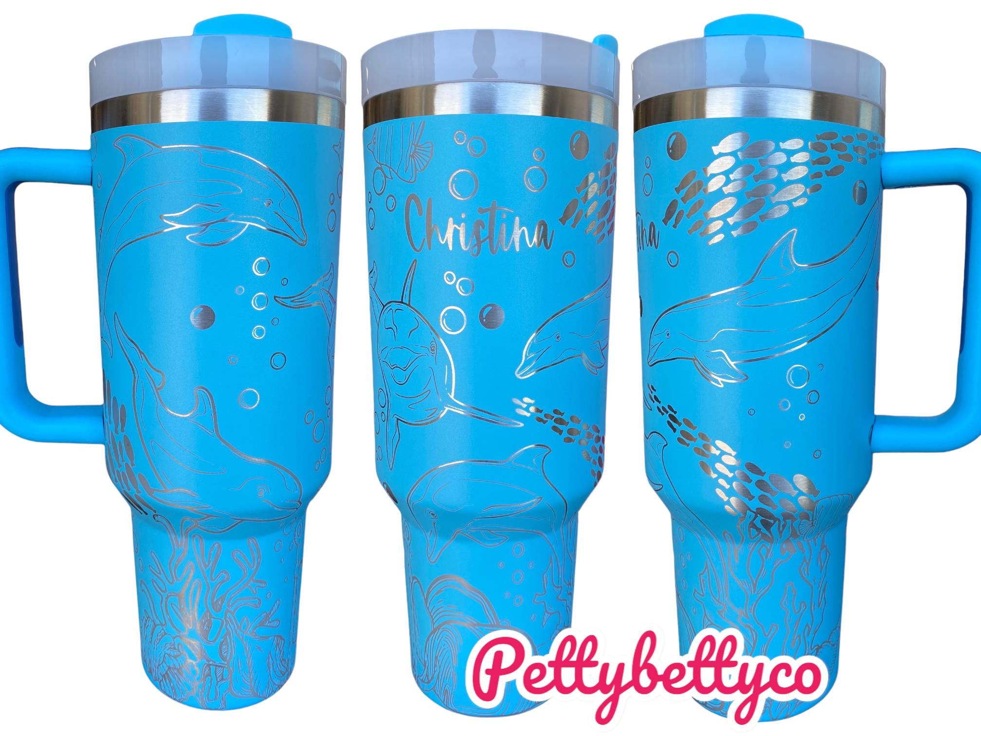 Dolphin Engraved Cup - Custom Engraved Cup  - 40oz tumbler with handle - Ocean Theme Tumbler