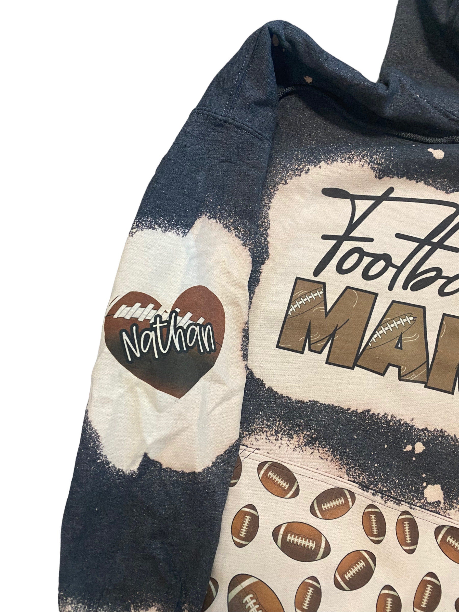 Football Mama Bleached Hoodie-no cheetah  -  Custom Football heart on my Sleeve hoodie - Bleached Hoodie - Custom Hoodie - Football Shirt