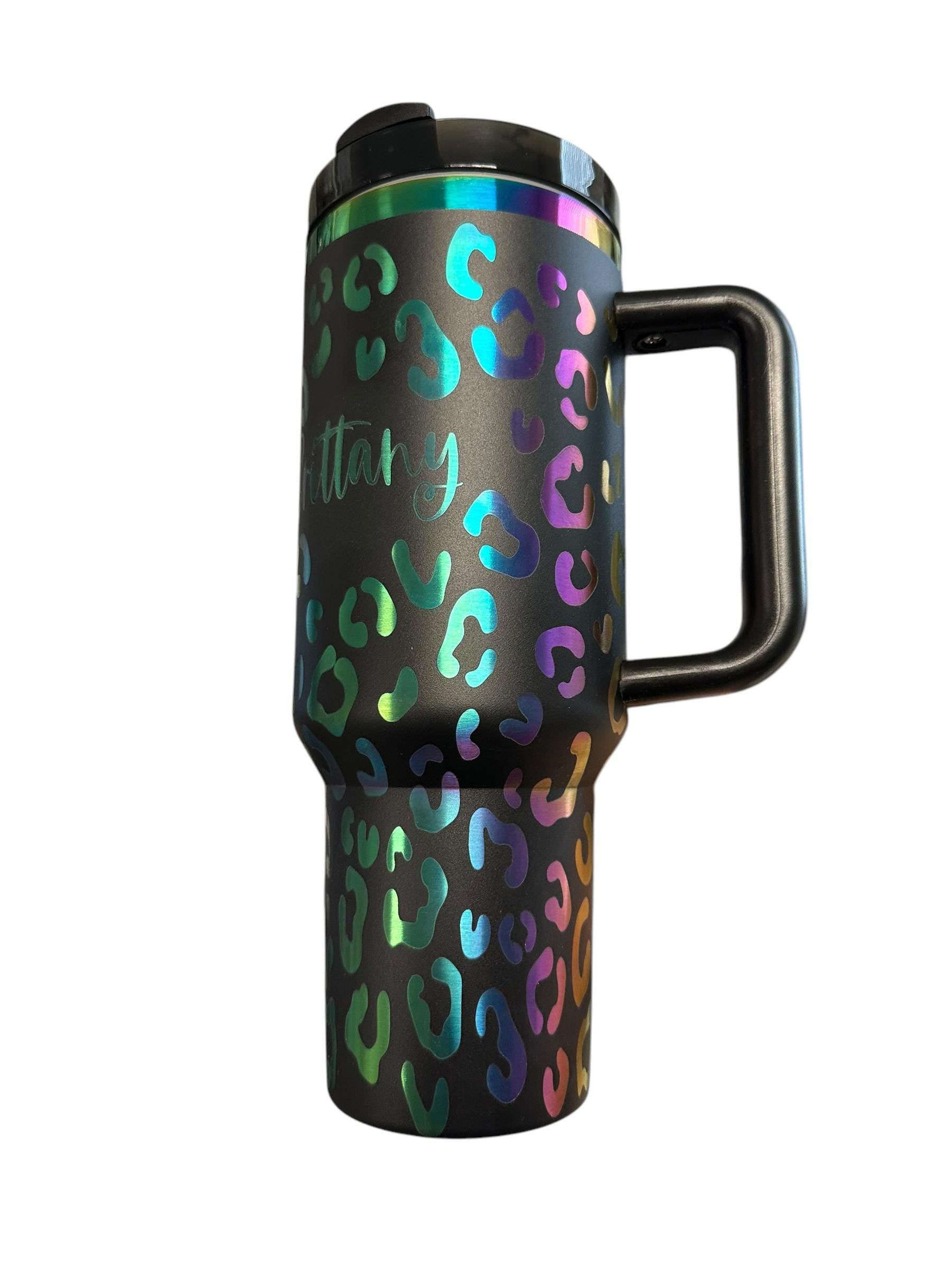 Personalized Holographic Cheetah Print Tumbler | Custom Name Rainbow Leopard Cup | Laser Engraved Travel Mug with Handle | Gift for Her