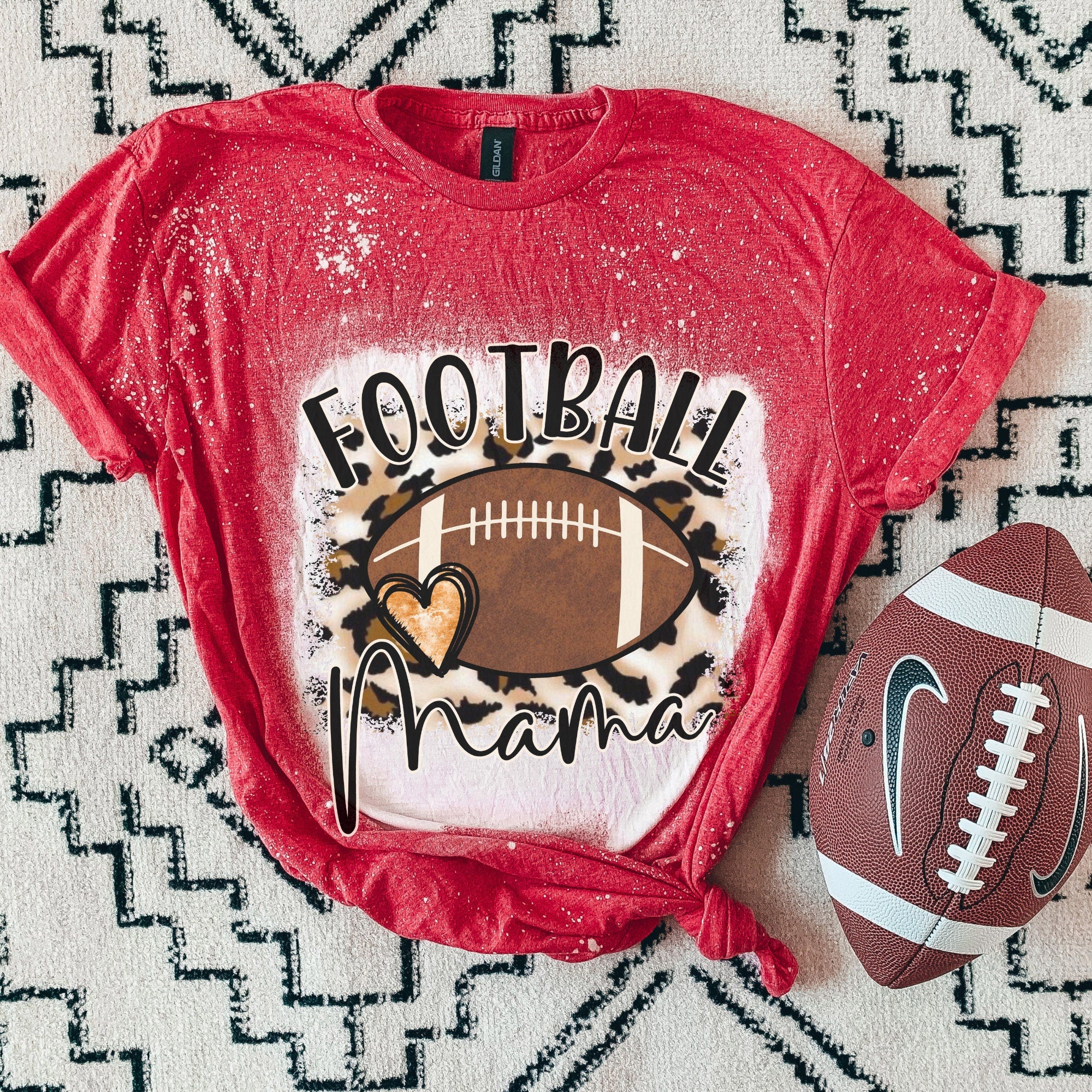 Football mama Heart Shirt - Cheetah Helmet Football Shirt- Bleached Sports Shirt - Leopard Football Shirt - Football Shirt - Bleached Tee
