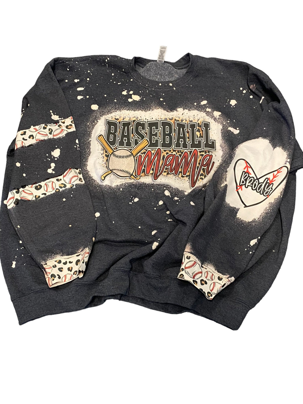 Baseball Mama Bleached Crewneck -  Custom Heart with Names on Sleeve - Bleached Hoodie - Custom Bleached Crewneck - Baseball Sweatshirt