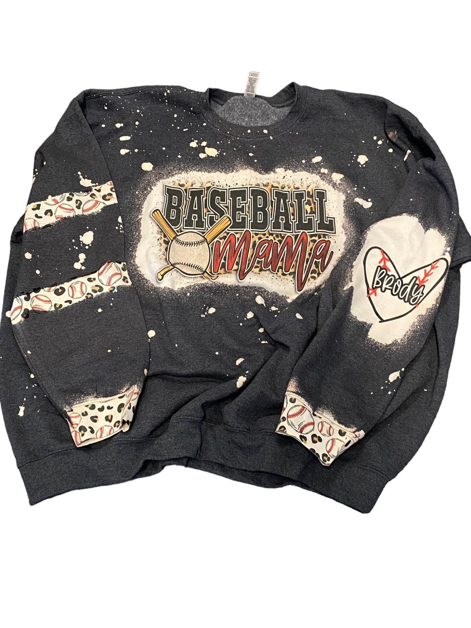 Baseball Mama Bleached Crewneck -  Custom Heart with Names on Sleeve - Bleached Hoodie - Custom Bleached Crewneck - Baseball Sweatshirt