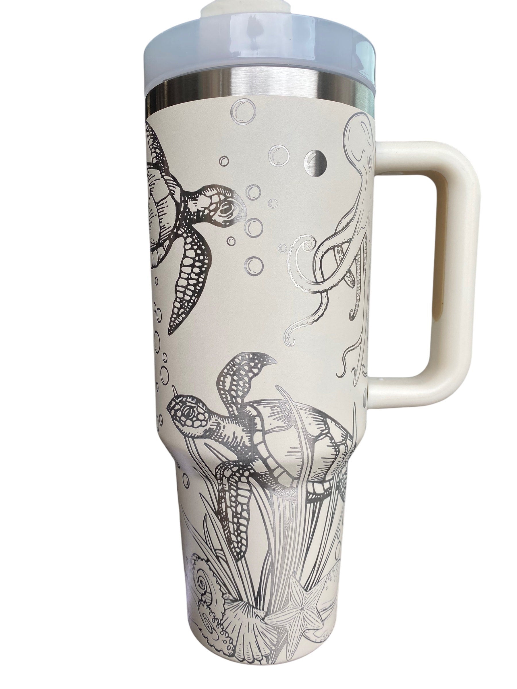 Octopus and Turtle Engraved Cup - Custom Engraved Cup  - 40oz tumbler with handle - Ocean Theme Tumbler