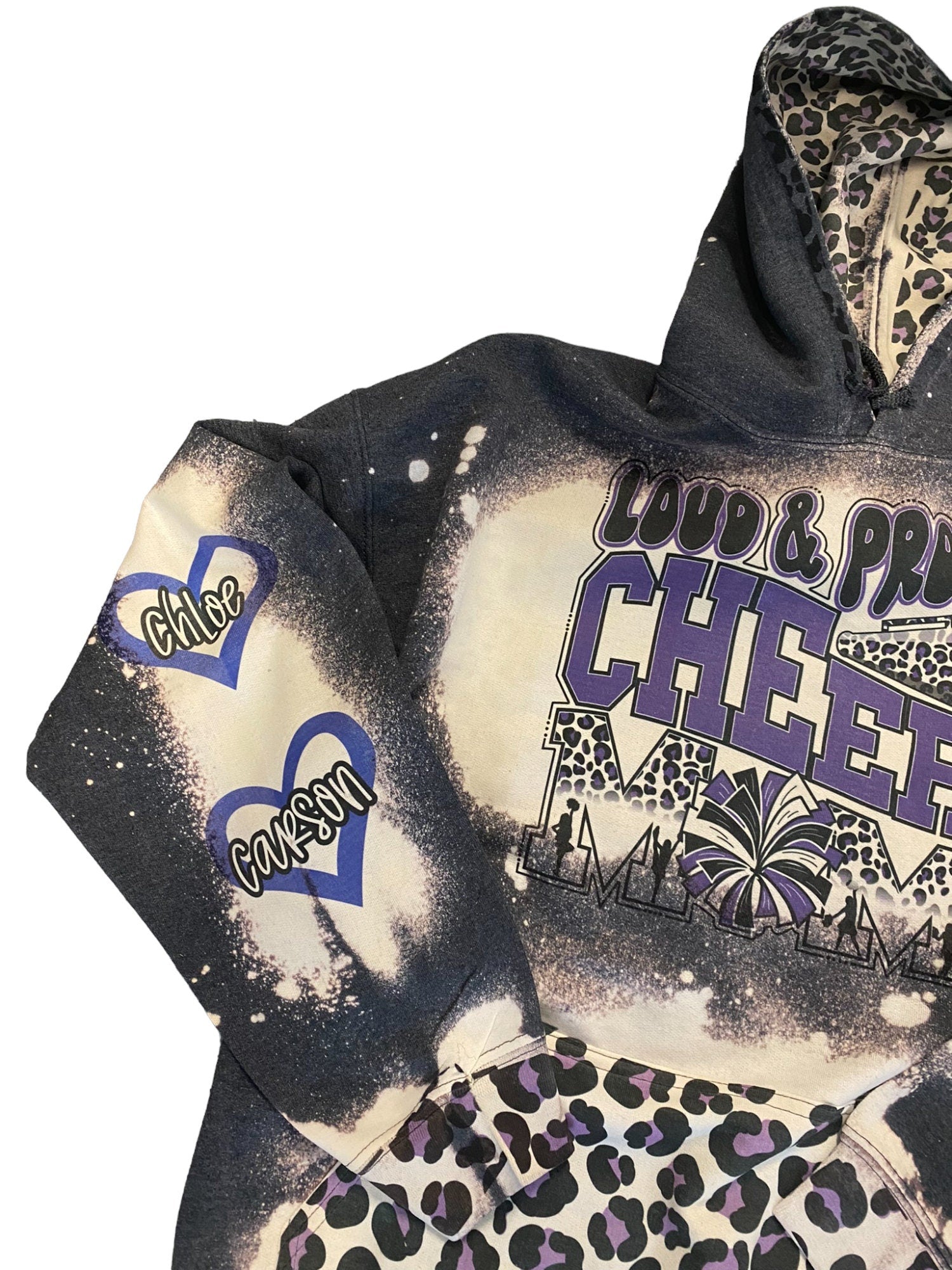 Loud and Proud Cheer Mom Bleached Hoodie - Custom Cheer Heart with Names on Sleeve - Bleached Hoodie - Custom Hoodie - Cheer Mom Sweatshirt