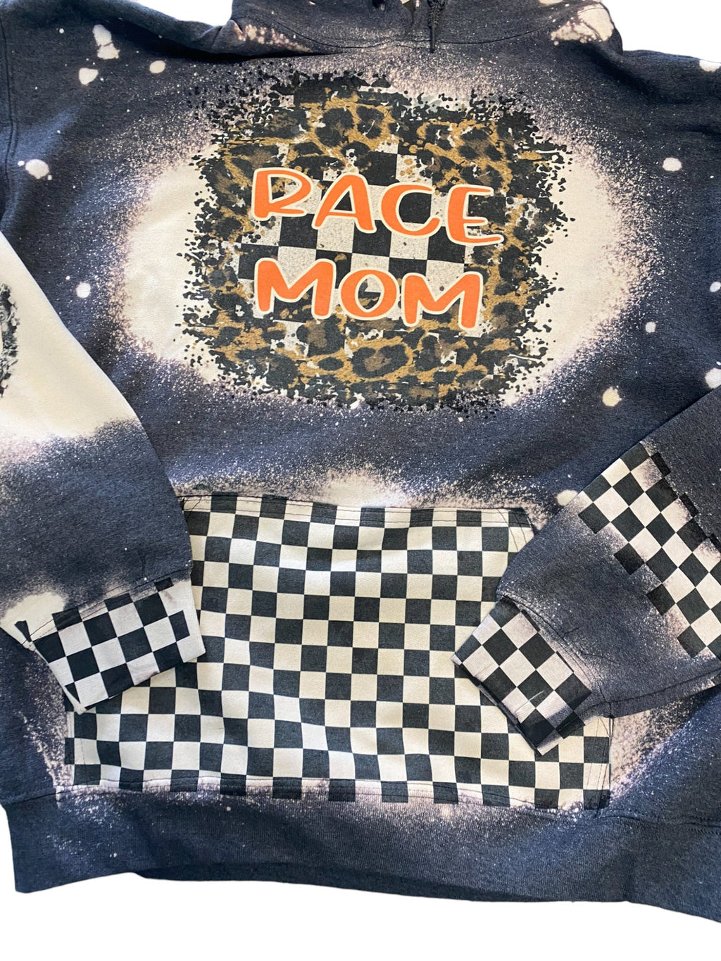 Leopard Race Mom Bleached Hoodie - Custom Color Racing hoodie Personalized number name - Car Checkered Flag Dirt Track Motocross - Dirt Bike