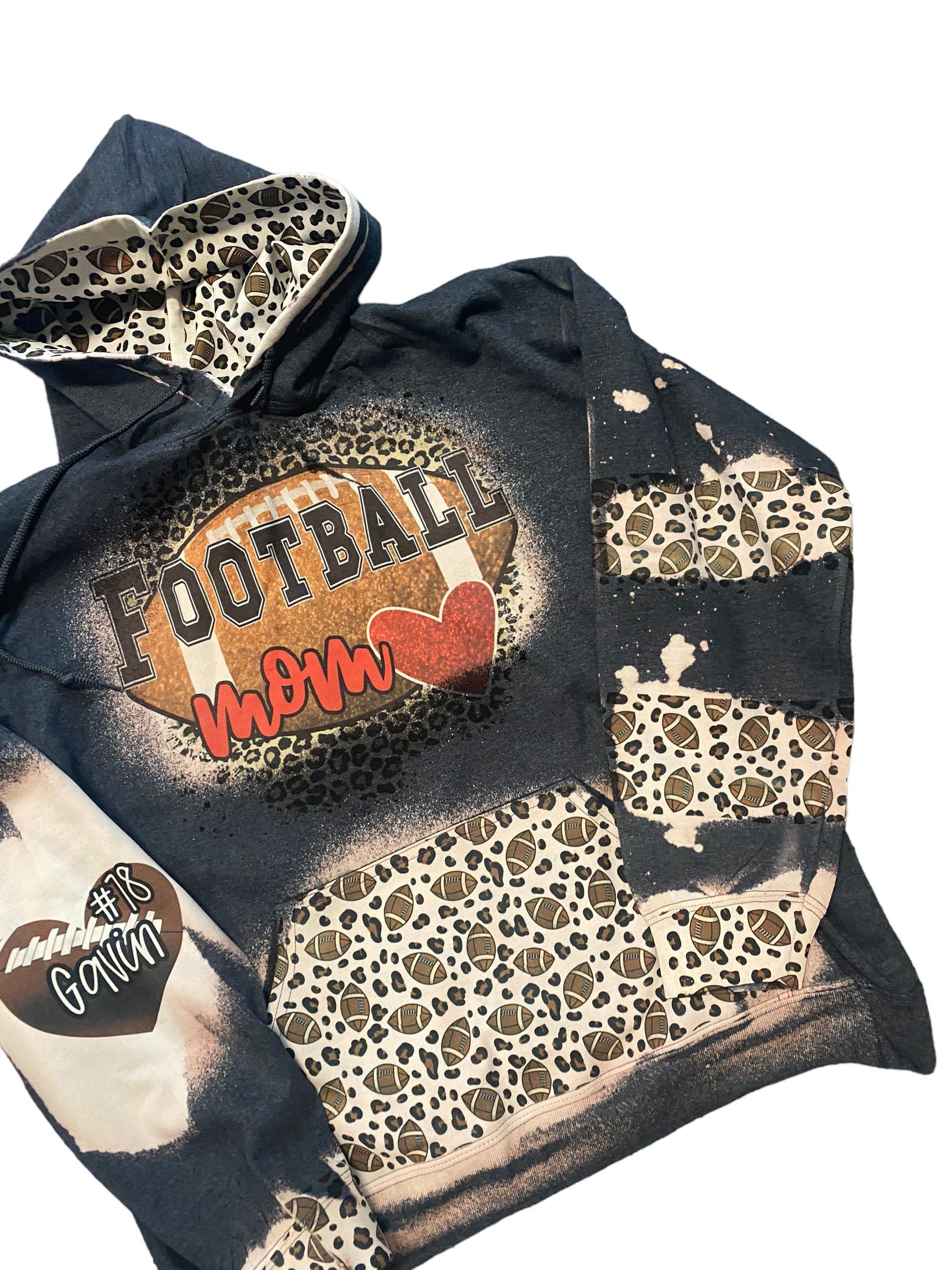 Football Mom Bleached Hoodie -  Custom Football eart with Names on Sleeve - Bleached Hoodie - Custom Hoodie - Football Shirt Sweatshirt