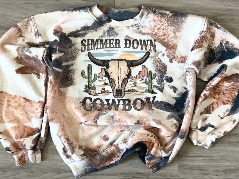 Simmer Down Cowboy Crew Neck Sweatshirt - Cowhide Bleach Crewneck Sweatshirt -Howdy Shirt -Western Wear - Cow Print Cowgirl