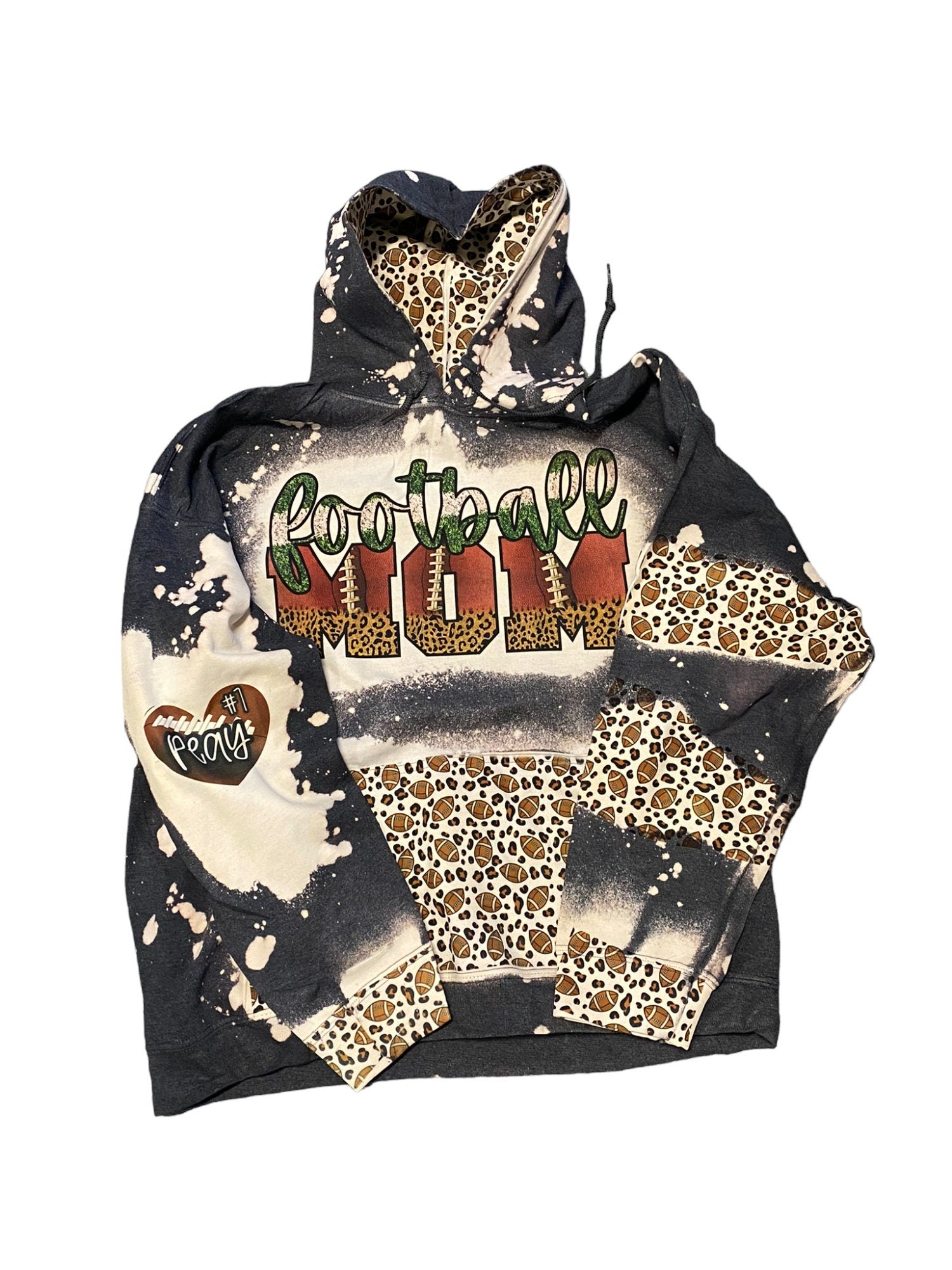 Football Mom Bleached Hoodie -  Custom Football eart with Names on Sleeve - Bleached Hoodie - Custom Hoodie - Football Shirt Sweatshirt
