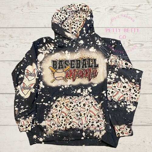 Baseball Mama Bleached Hoodie -  Custom baseball Heart with Names on Sleeve - Bleached Hoodie - Custom Hoodie - Baseball Shirt Sweatshirt