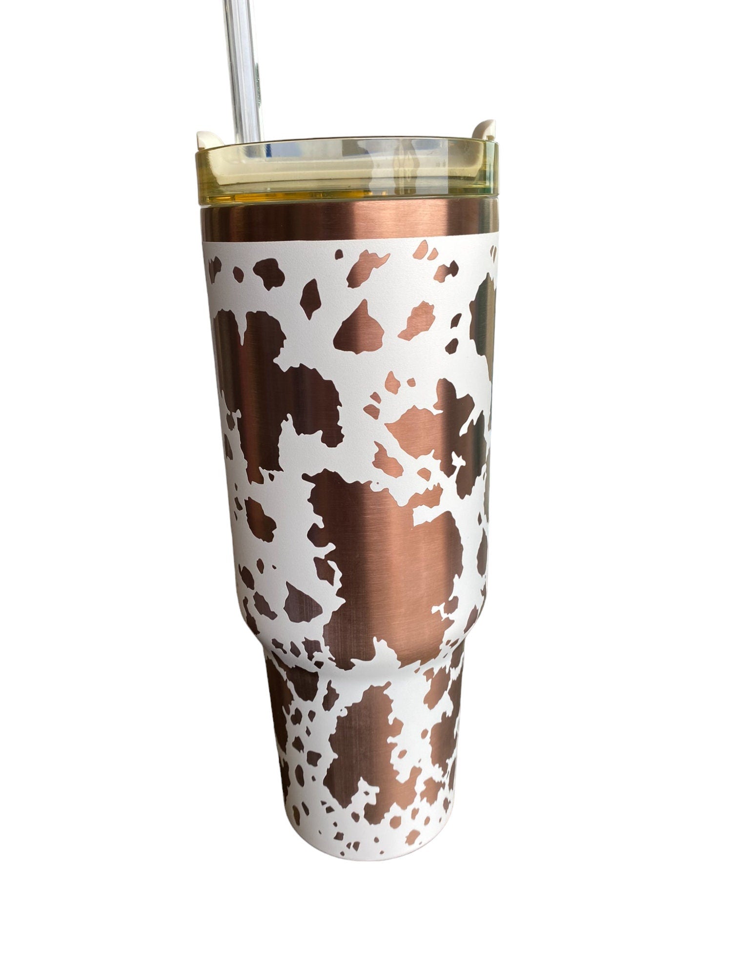 Cowhide Print Tumbler  - engraved Country Tumbler - 40oz tumbler with handle - Cow Print Tumbler - Copper Cream Longhorn Cow