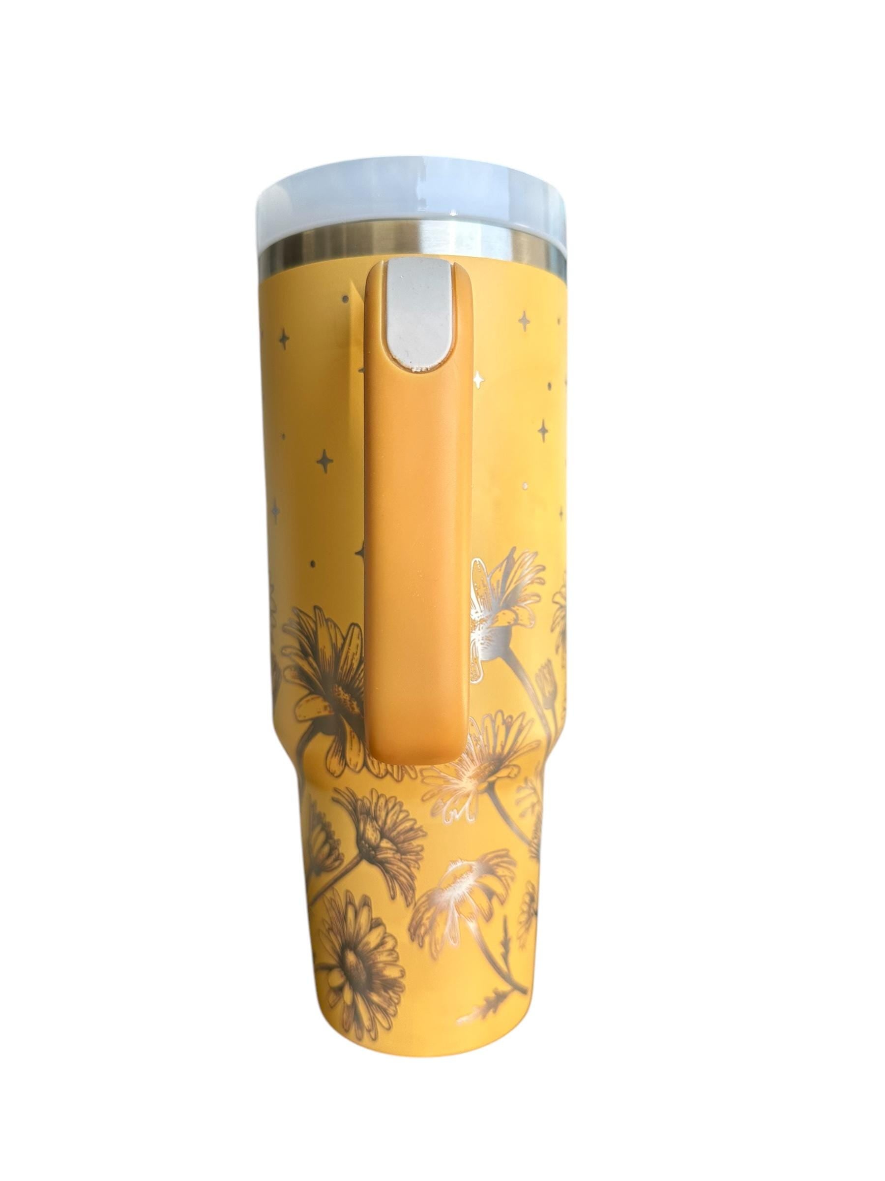 Floral Highland Cow Engraved Tumbler  - engraved Country Tumbler - 40oz tumbler with handle Custom Tumbler - Yellow Floral Tumbler
