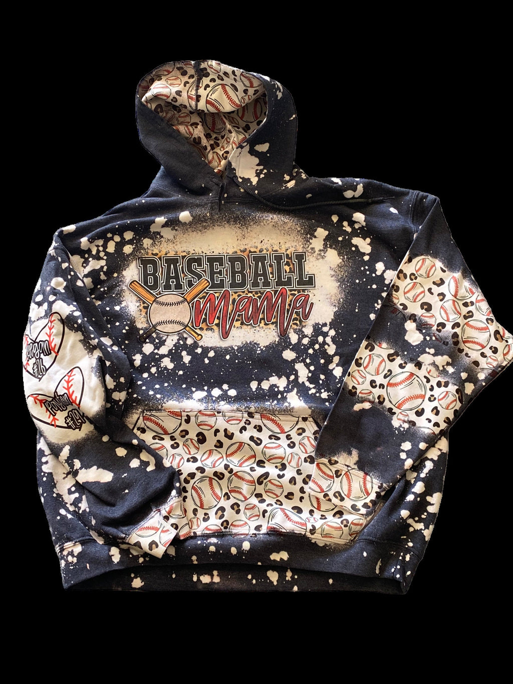 Baseball Mama Bleached Hoodie -  Custom baseball Heart with Names on Sleeve - Bleached Hoodie - Custom Hoodie - Baseball Shirt Sweatshirt