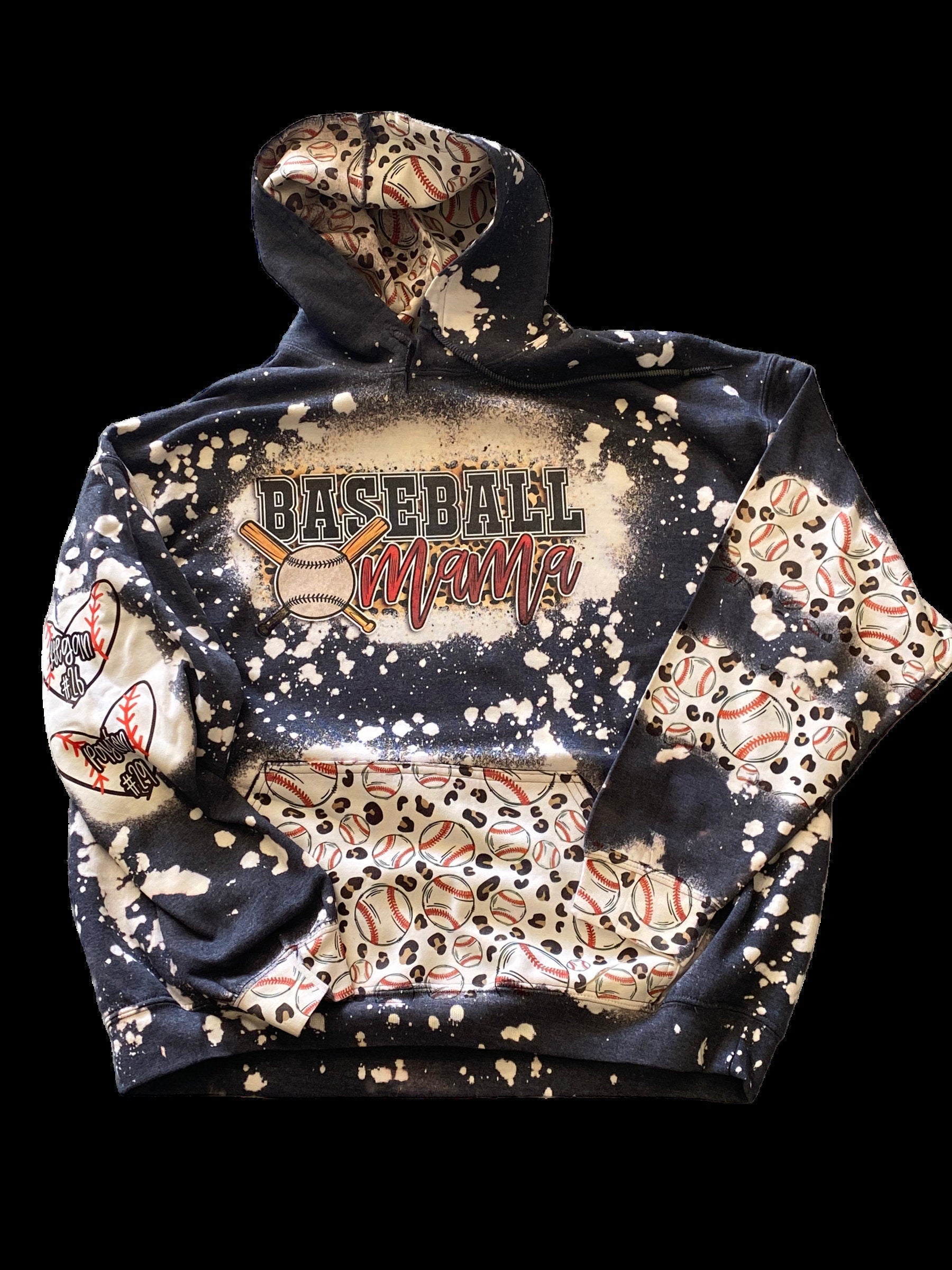 Baseball Mama Bleached Hoodie -  Custom baseball Heart with Names on Sleeve - Bleached Hoodie - Custom Hoodie - Baseball Shirt Sweatshirt