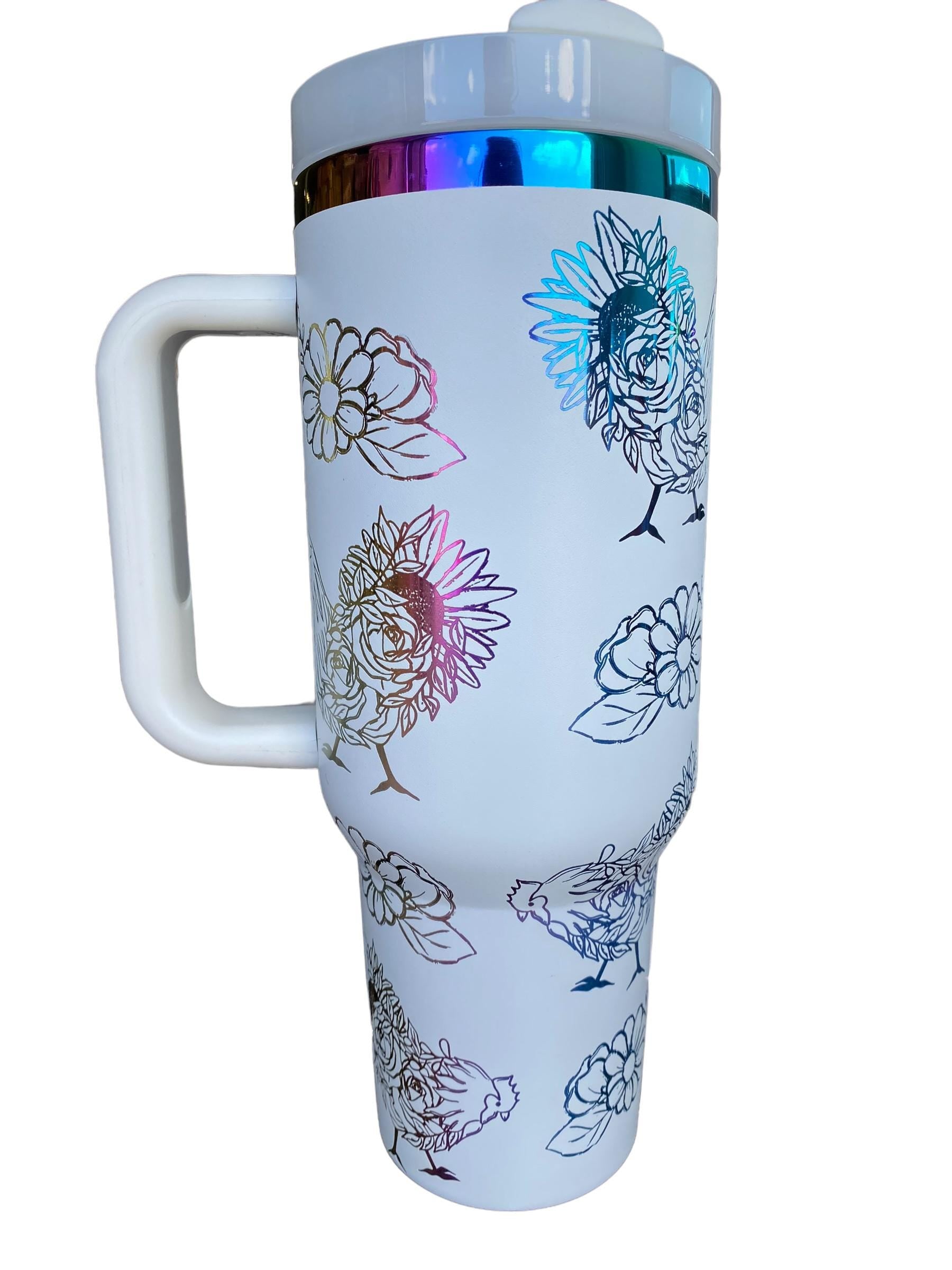 Floral Chicken Doodles 40oz Engraved Stainless Steel Tumbler Farming Homestead - Large Tumbler Backyard Chickens, Farm engraved,