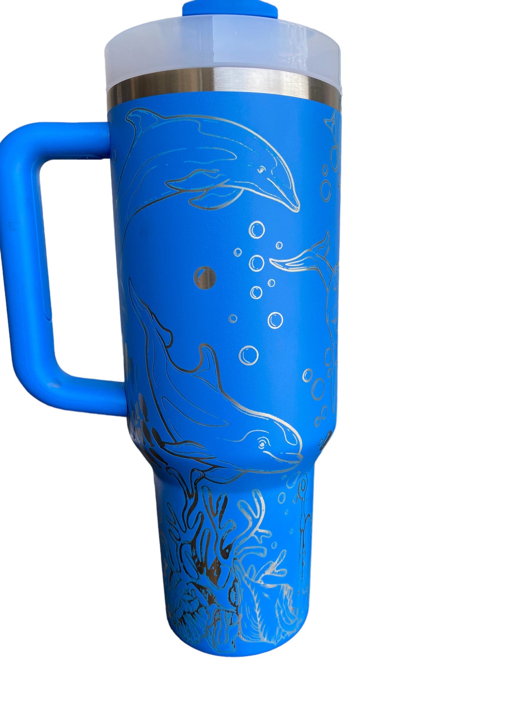 Dolphin Engraved Cup - Custom Engraved Cup  - 40oz tumbler with handle - Ocean Theme Tumbler