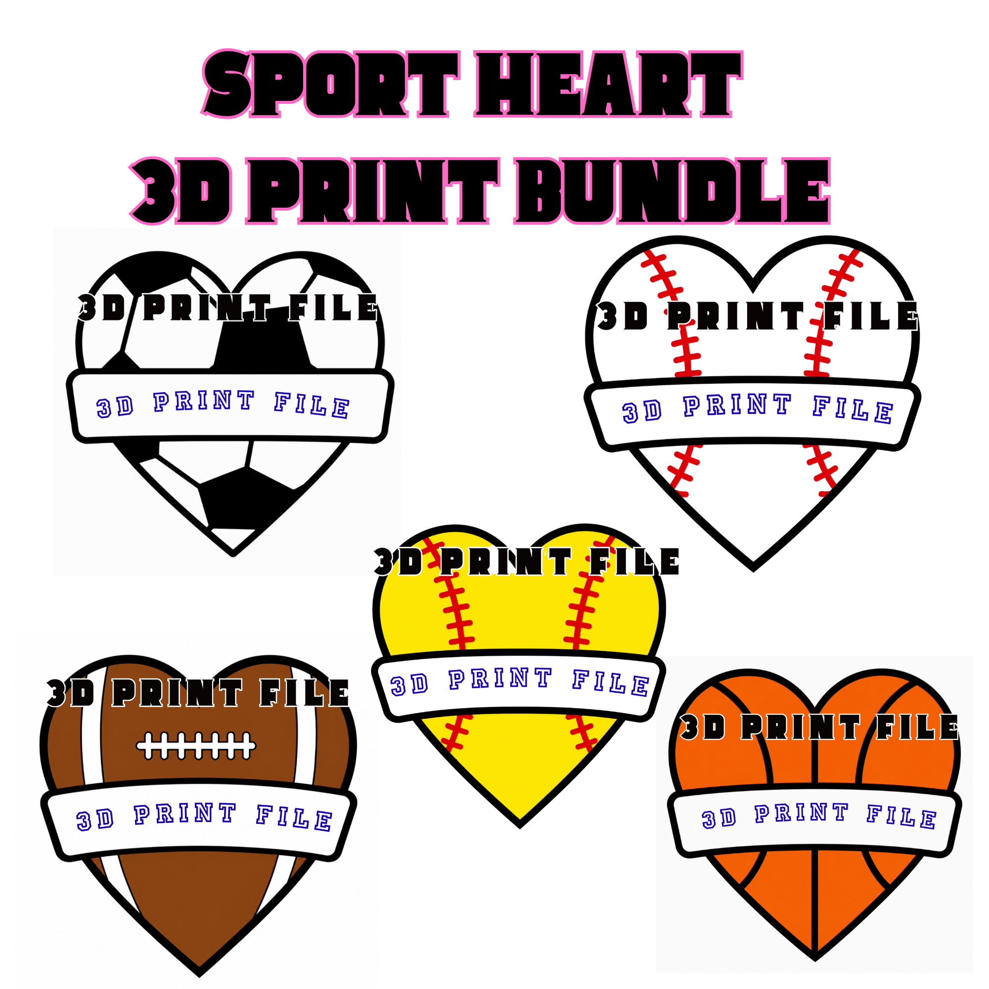 Sports Heart Pompom Stick Bundle Digital Download | Baseball, Softball, Football, Soccer & Basketball STL + 3MF Files