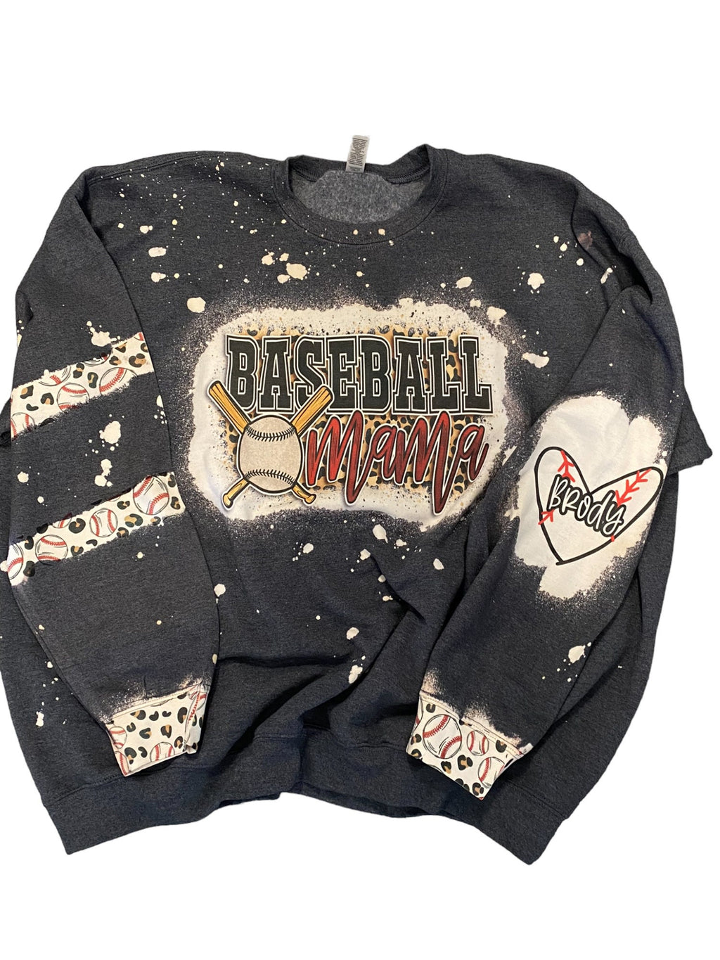 Baseball Mama Bleached Crewneck -  Custom Heart with Names on Sleeve - Bleached Hoodie - Custom Bleached Crewneck - Baseball Sweatshirt
