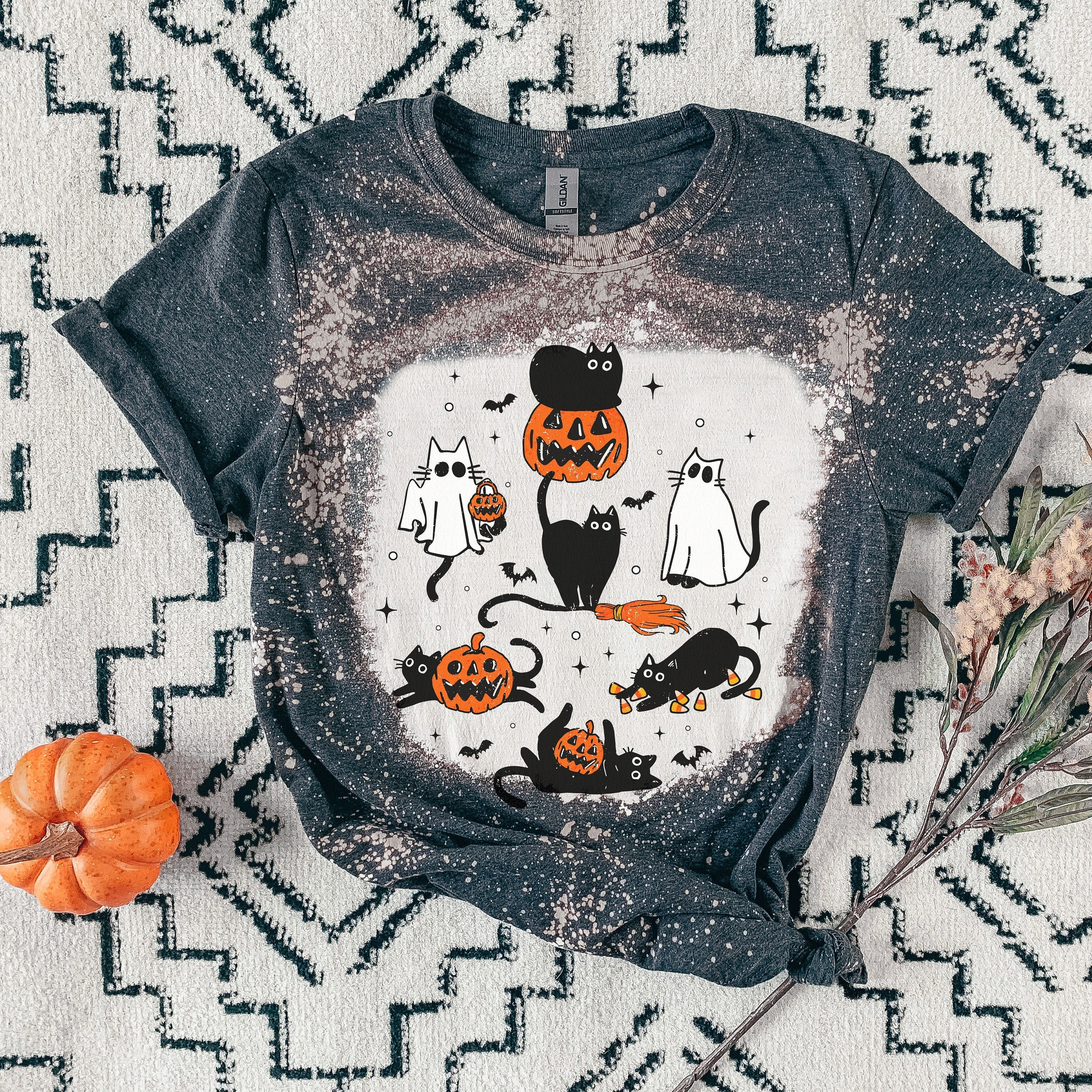 Pumpkins and Cats tshirt - Black Cat Shirt - Pumpkin Shirt- bleached T-shirt - Fall shirt - Halloween shirt