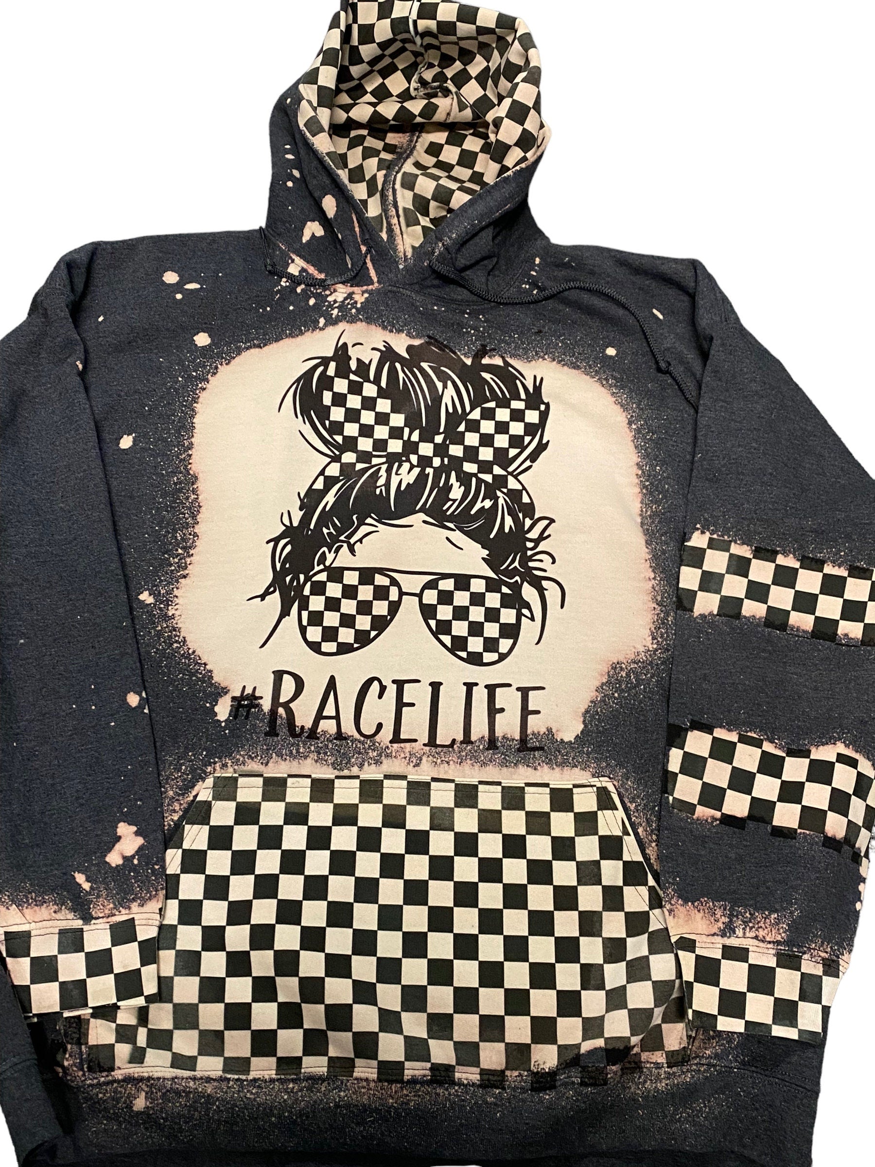 Messy Bun Race Life Bleached Hoodie - Racing hoodie - Car Truck Checkered Flag Dirt Track Motocross - Dirt Bike