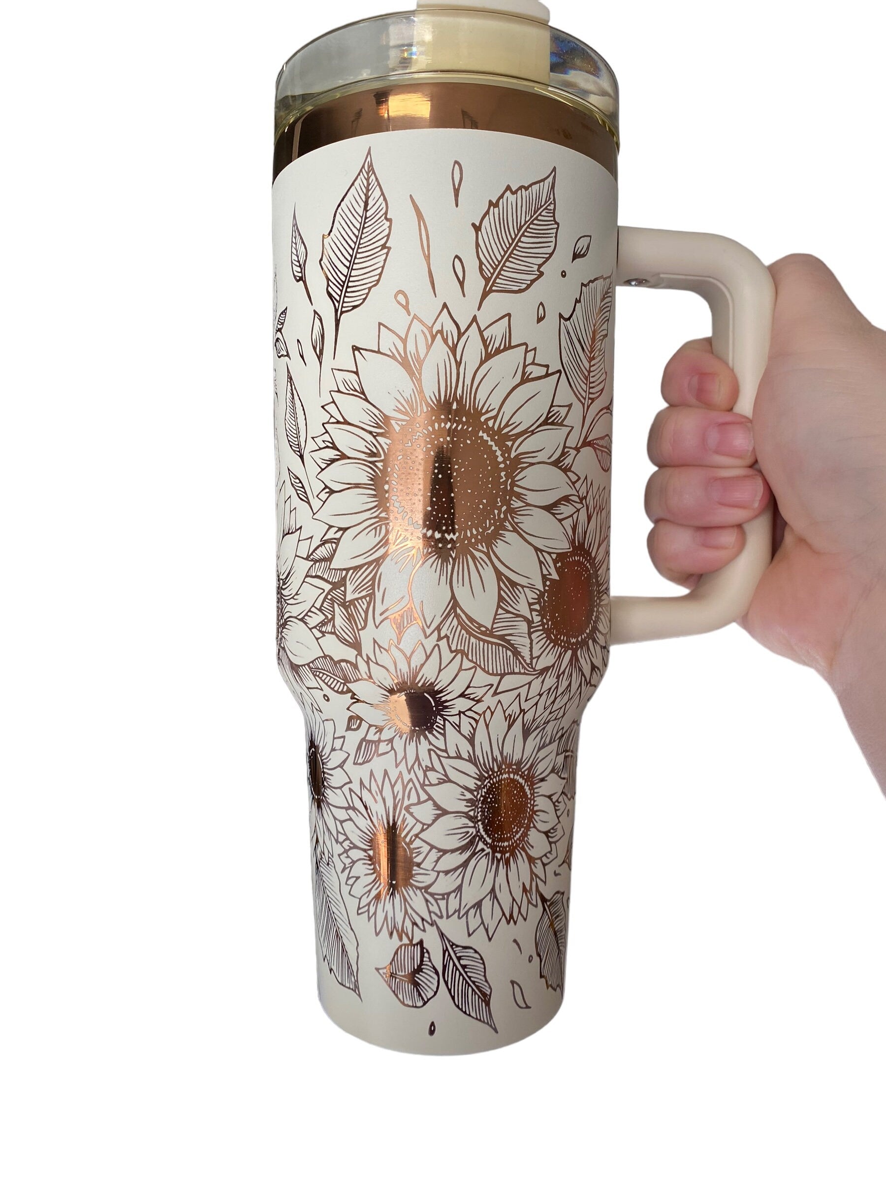Sunflowers Engraved Tumbler  - engraved Country Tumbler - 40oz tumbler with handle - Custom Tumbler - Copper and Cream Floral Tumbler