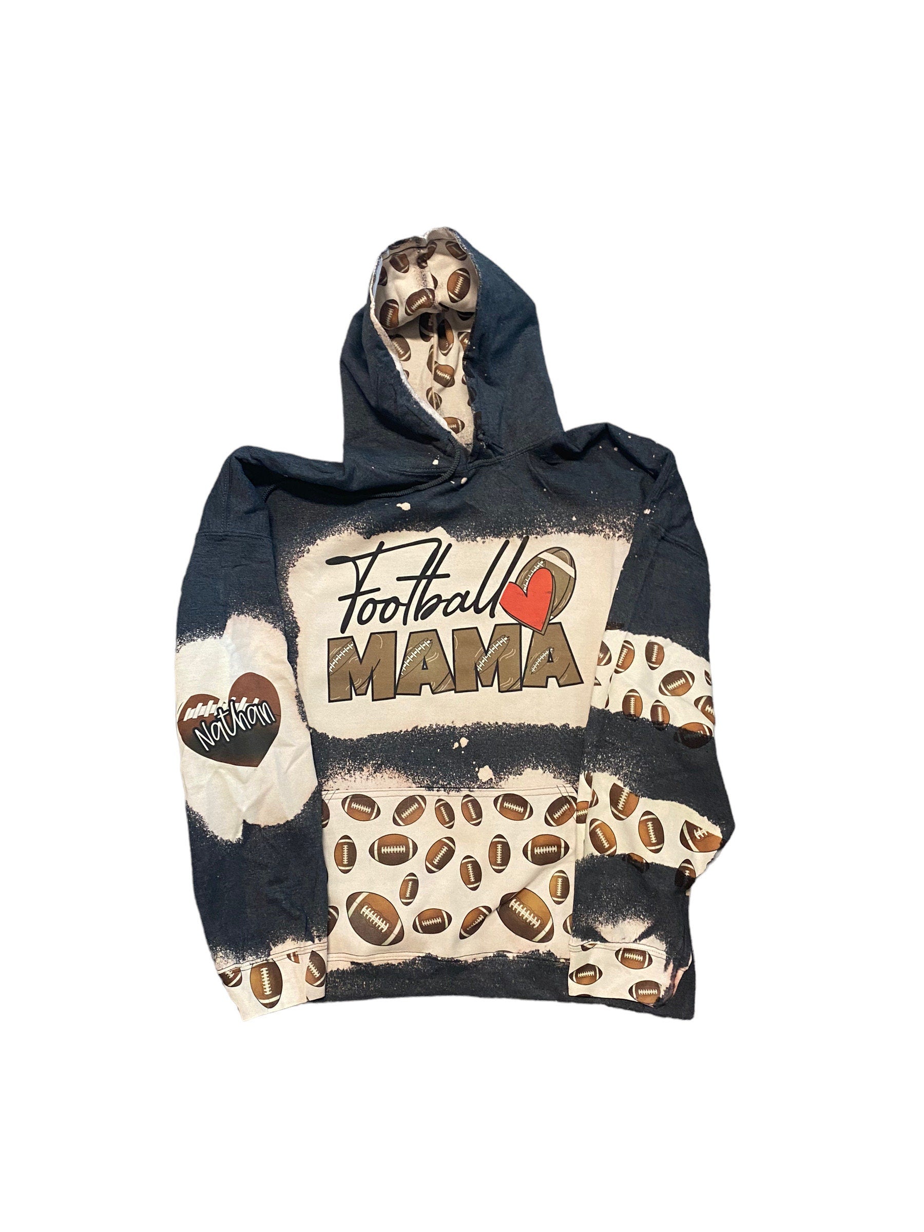 Football Mama Bleached Hoodie-no cheetah  -  Custom Football heart on my Sleeve hoodie - Bleached Hoodie - Custom Hoodie - Football Shirt