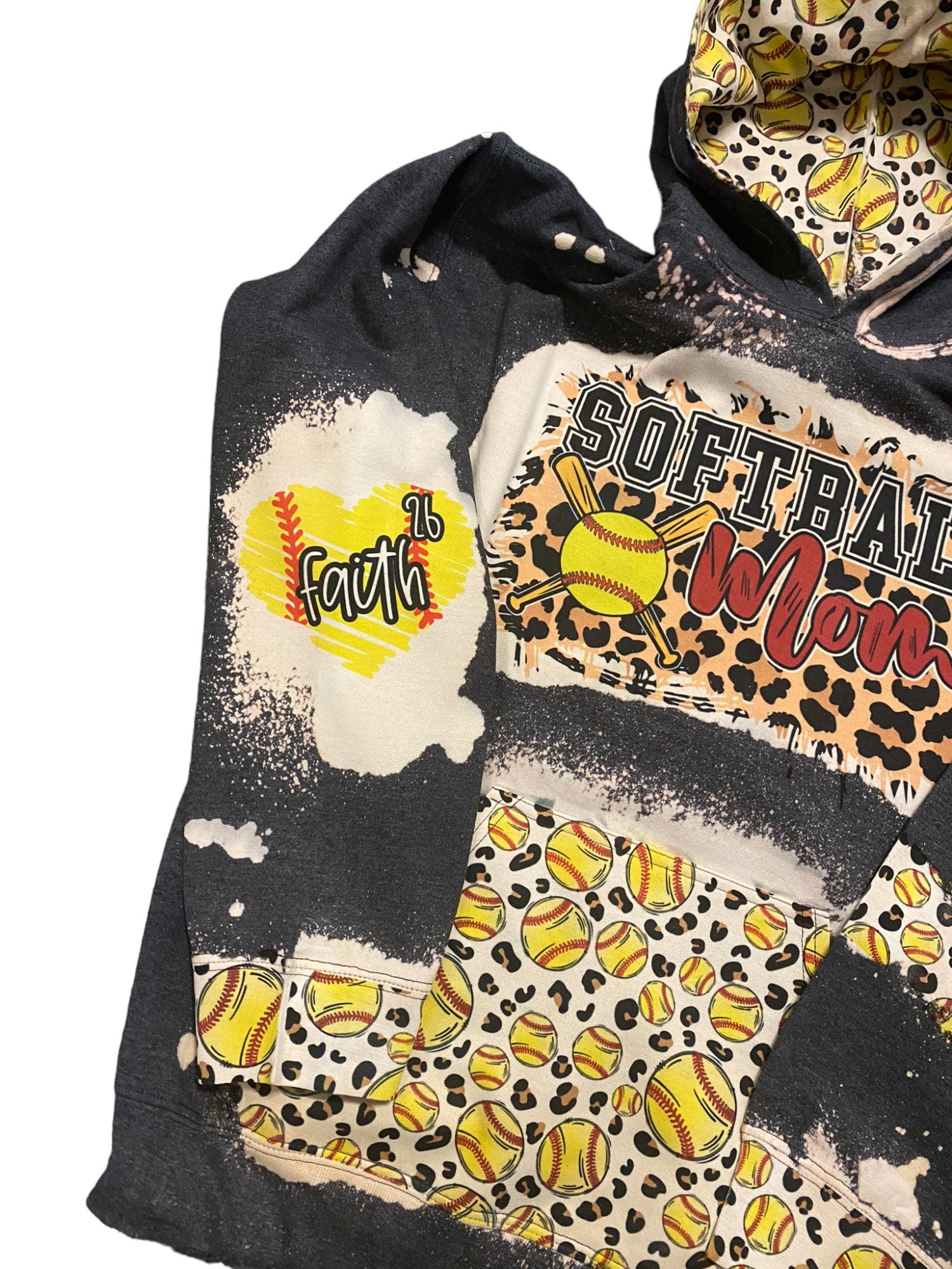 Softball Mom Bleached Hoodie -  Custom baseball Heart with Names on Sleeve - Bleached Hoodie - Custom Hoodie - Softball Shirt Sweatshirt