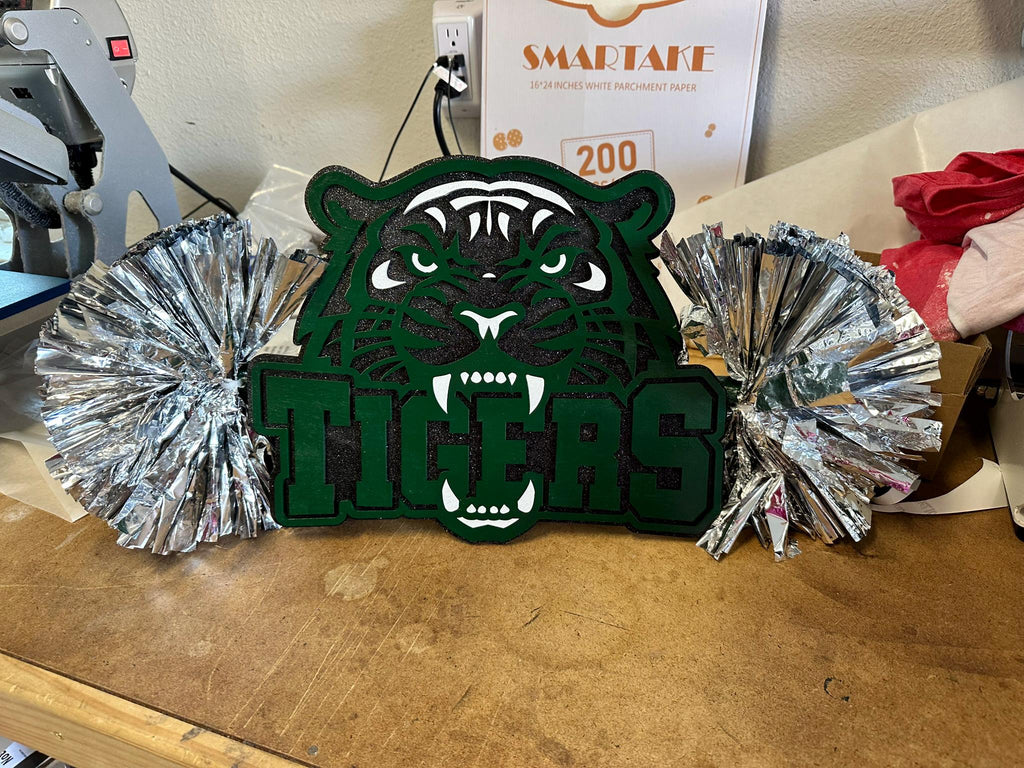 Tiger Cheerstick - Custom Mascot Cheerstick Custom Cheer Stick - Game Day Signs - Personalized Name Cheer Sign - Sport Mom Sign - Pom Poms
