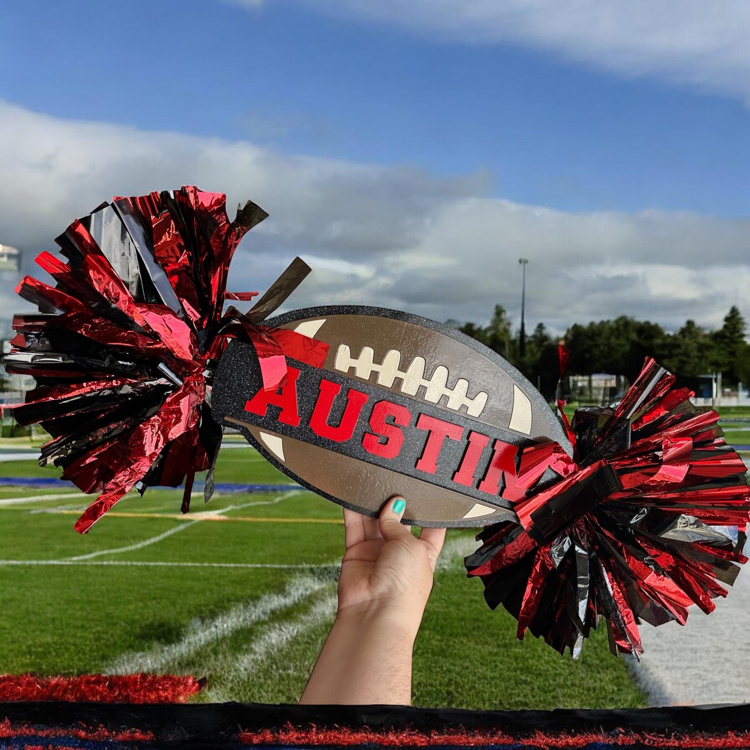 Football Pom Pom Sign Custom Cheer Stick - Game Day Signs - Custom Cheer Stick - Personalized Name Cheer Sign - Sport Mom Sign - Pom Poms